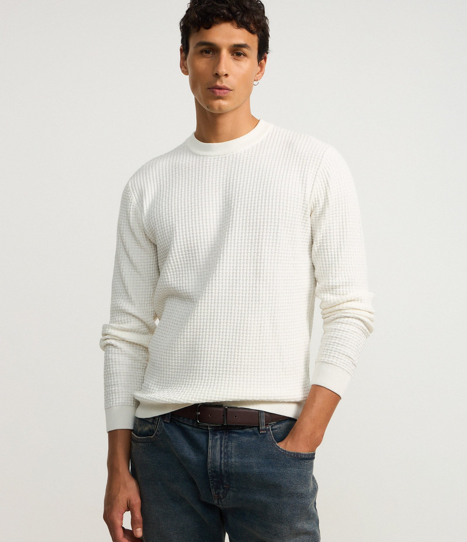 Suéter em Tricô com Textura Quadriculada Branco 1