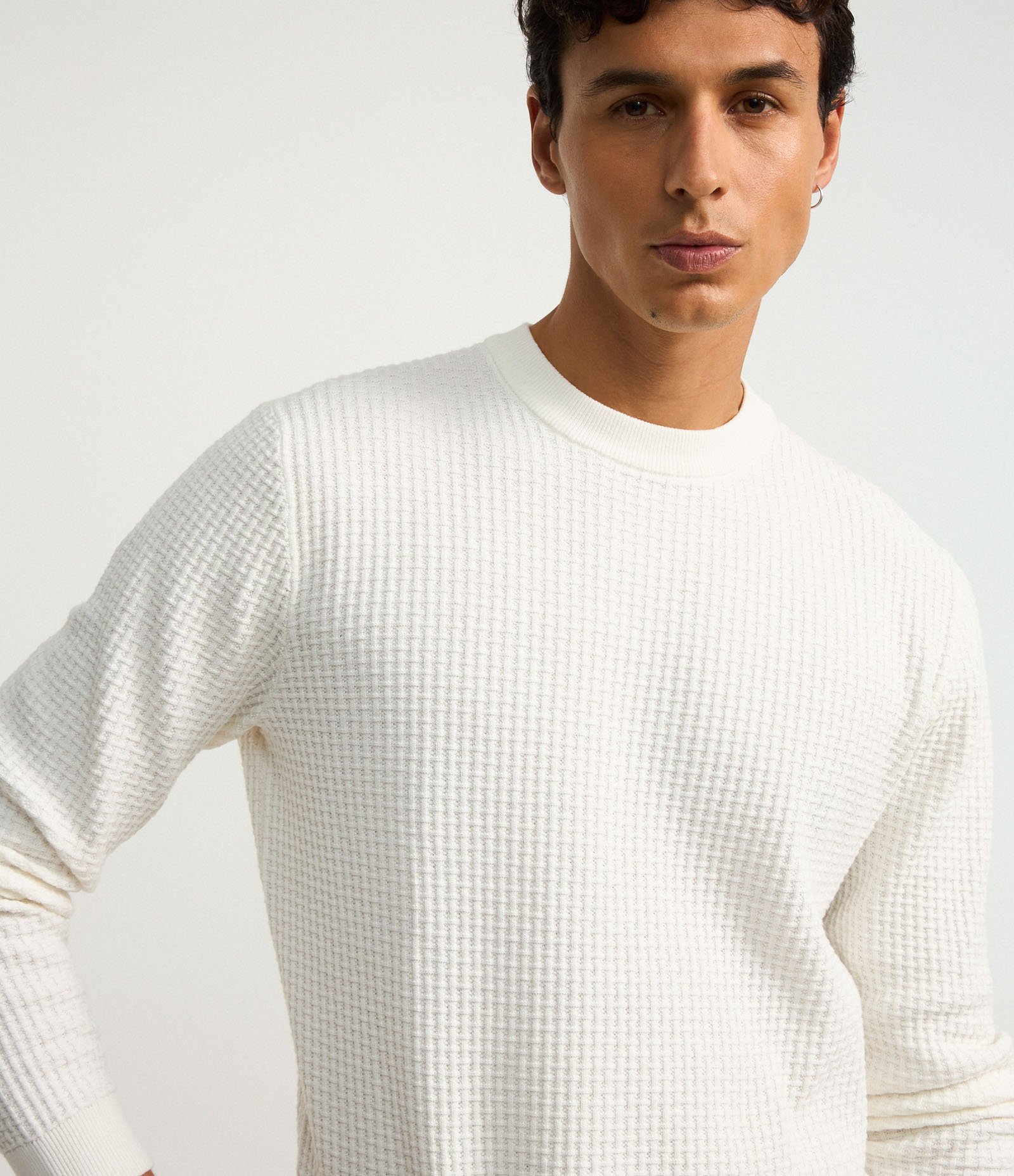 Suéter em Tricô com Textura Quadriculada Branco 4