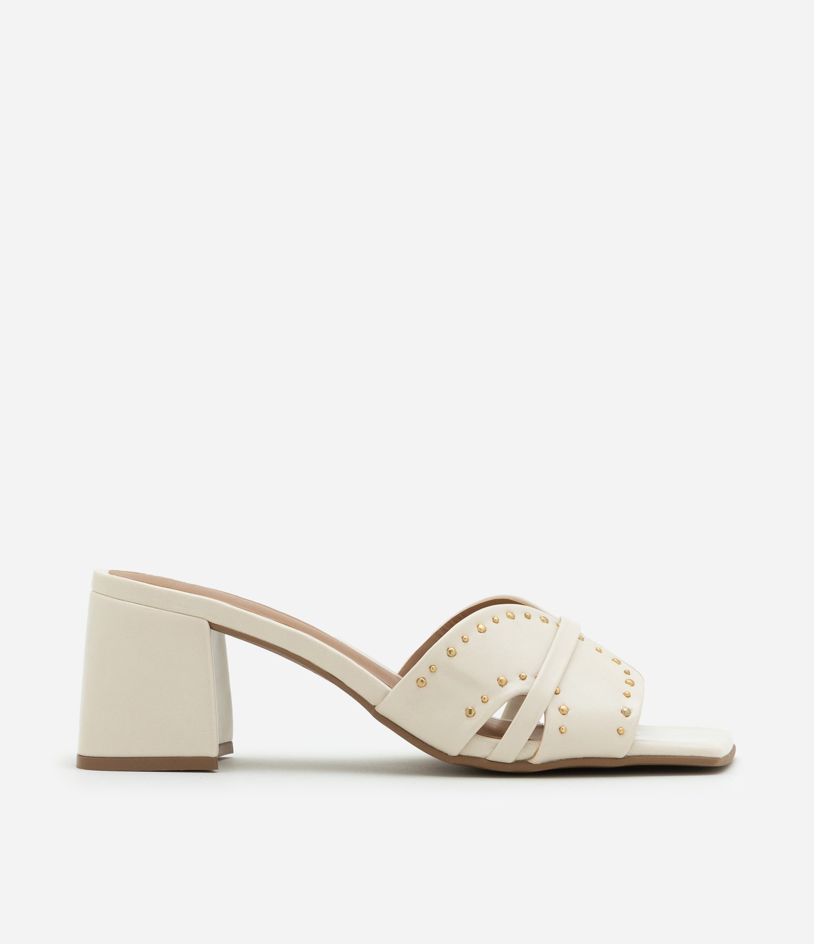 Sandália Mule em PU com Tiras em H e Aplicação de Tachinhas Off White 1