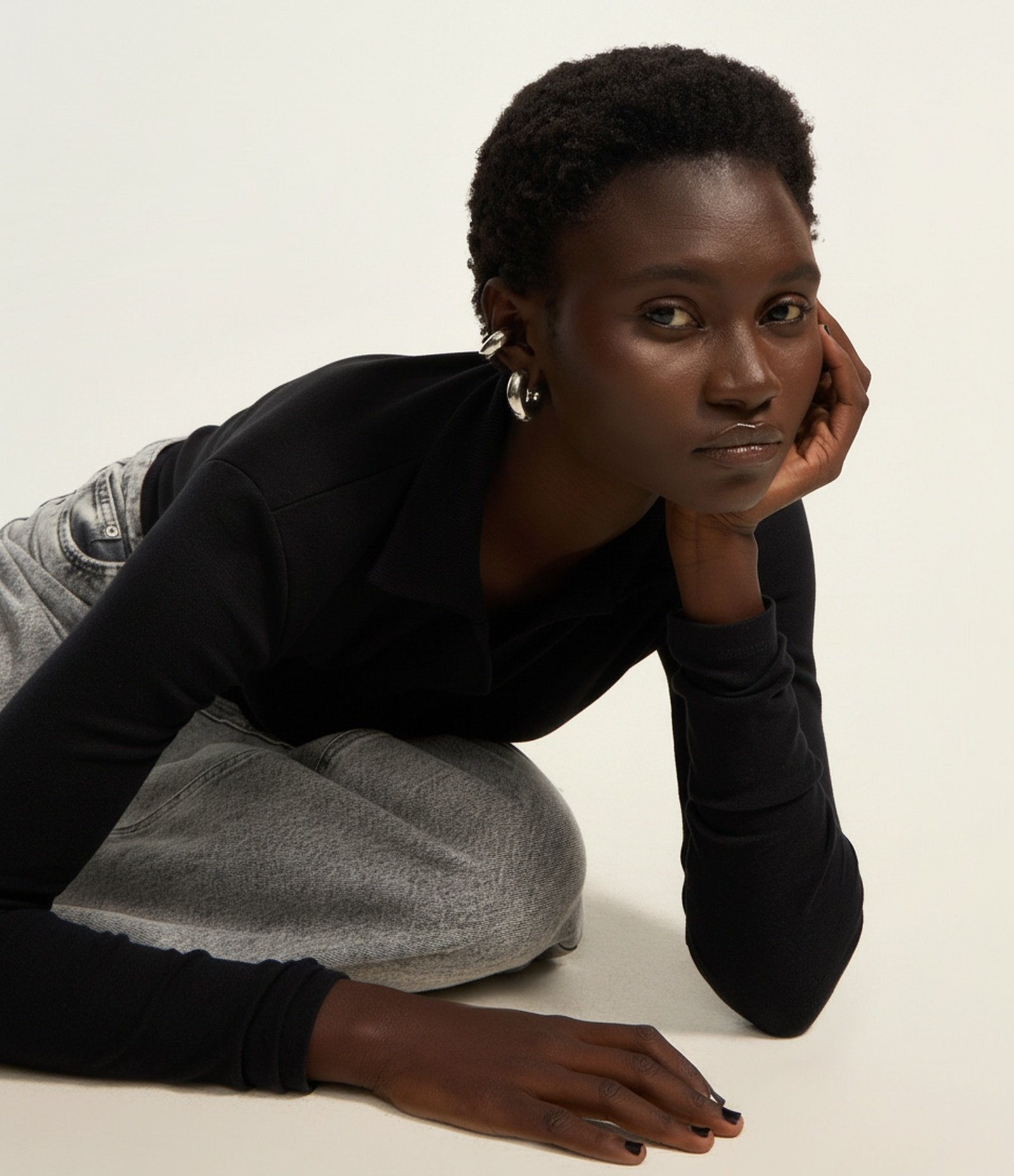 Blusa Polo em Ribana de Algodão com Mangas Longas Preto 1