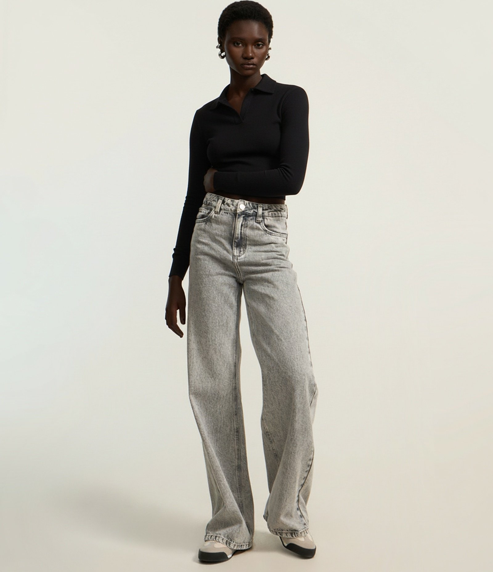 Blusa Polo em Ribana de Algodão com Mangas Longas Preto 2