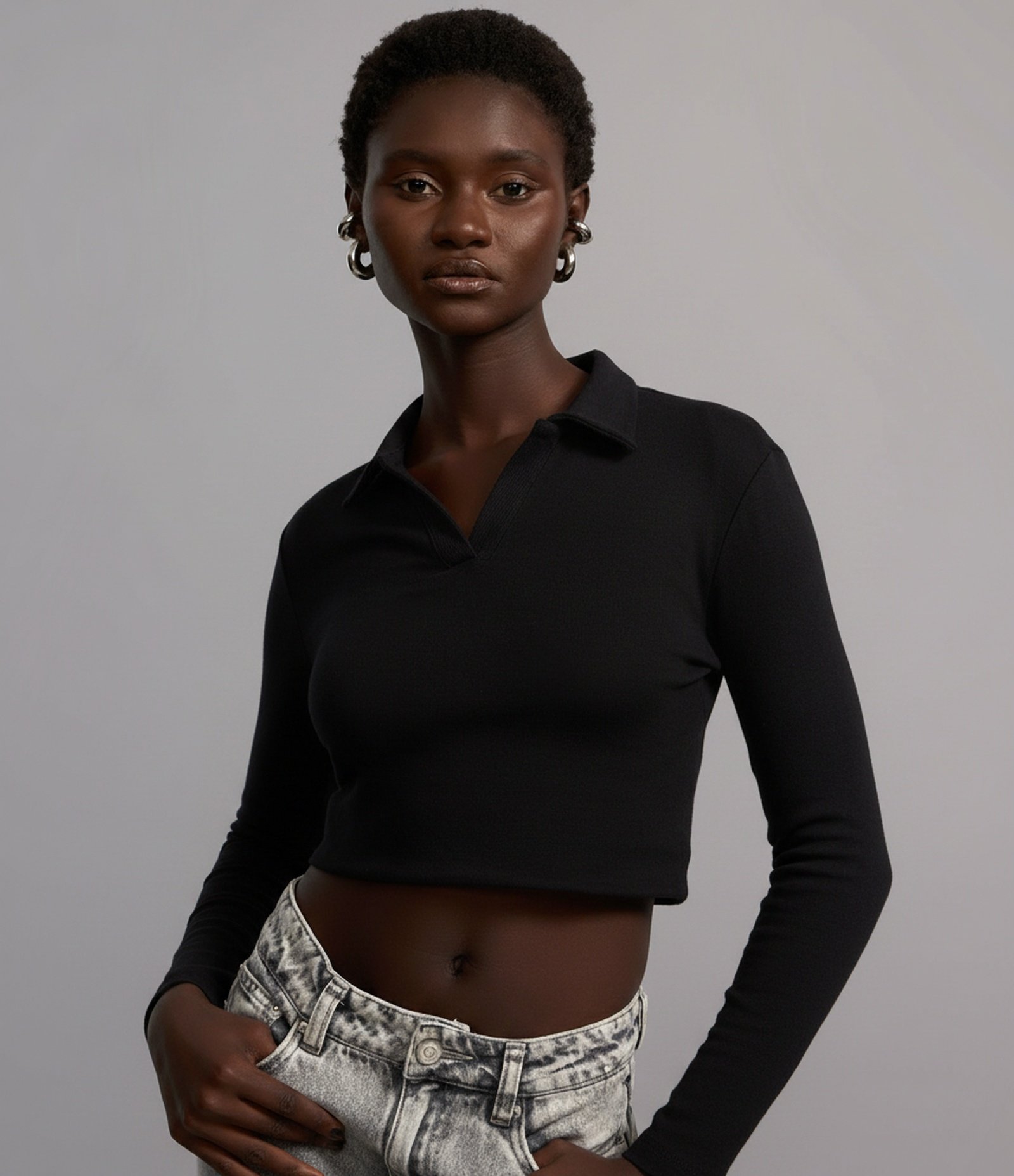 Blusa Polo em Ribana de Algodão com Mangas Longas Preto 5