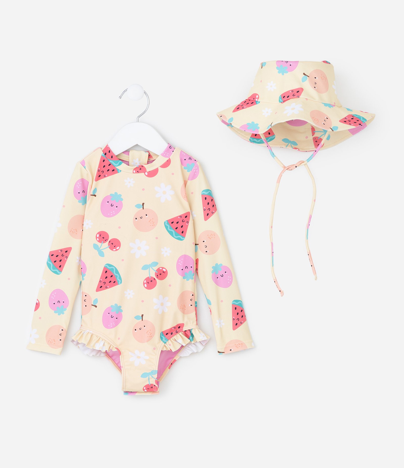 Conjunto Infantil Maiô e Chapéu com Estampa de Frutas Divertidas com Proteção UV - Tam 6-12 meses a 4 Anos Amarelo 1