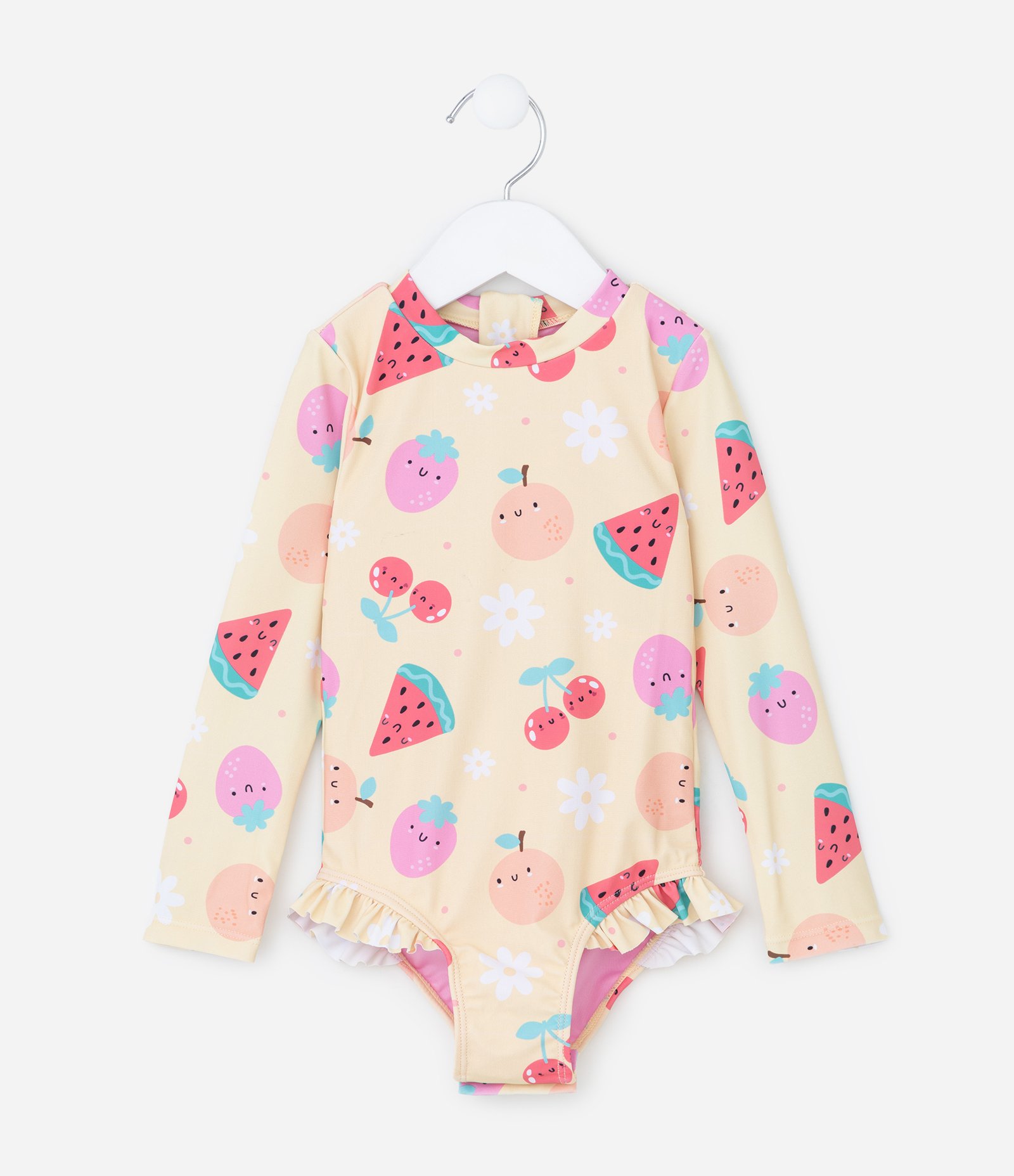 Conjunto Infantil Maiô e Chapéu com Estampa de Frutas Divertidas com Proteção UV - Tam 6-12 meses a 4 Anos Amarelo 2