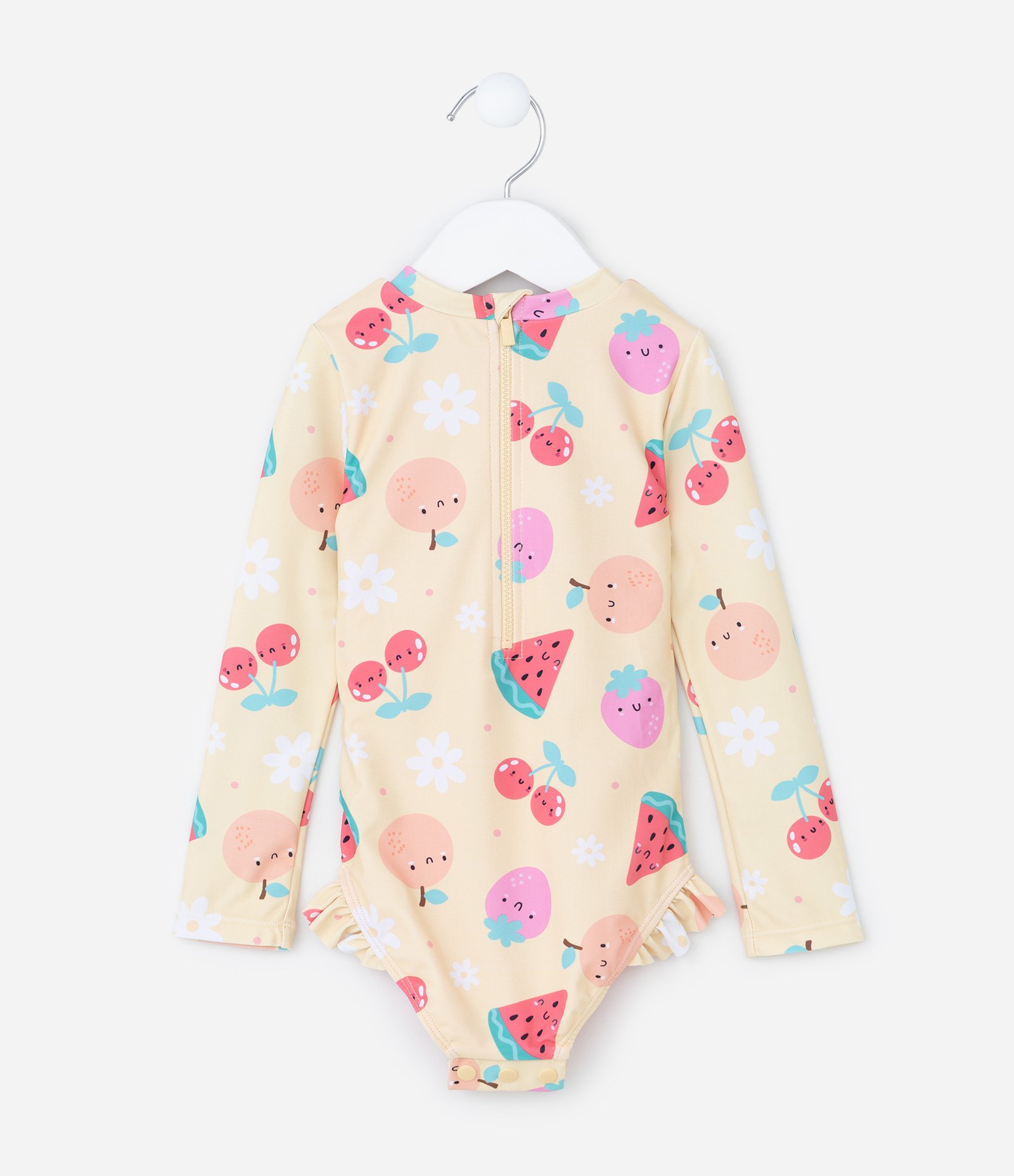 Conjunto Infantil Maiô e Chapéu com Estampa de Frutas Divertidas com Proteção UV - Tam 6-12 meses a 4 Anos Amarelo 3