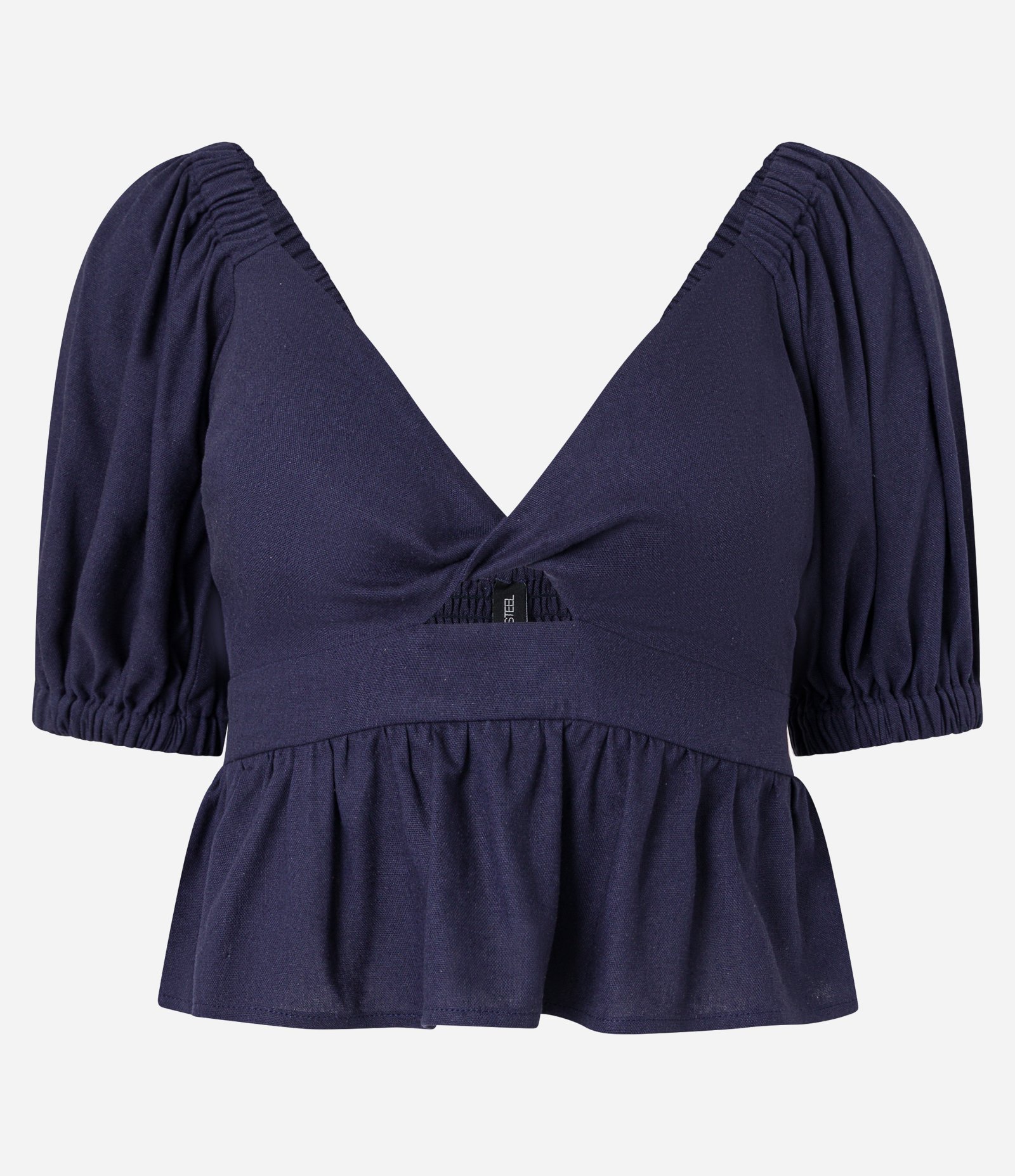 Blusa Peplum em Viscose e Linho com Manga Bufante Azul Marinho 6