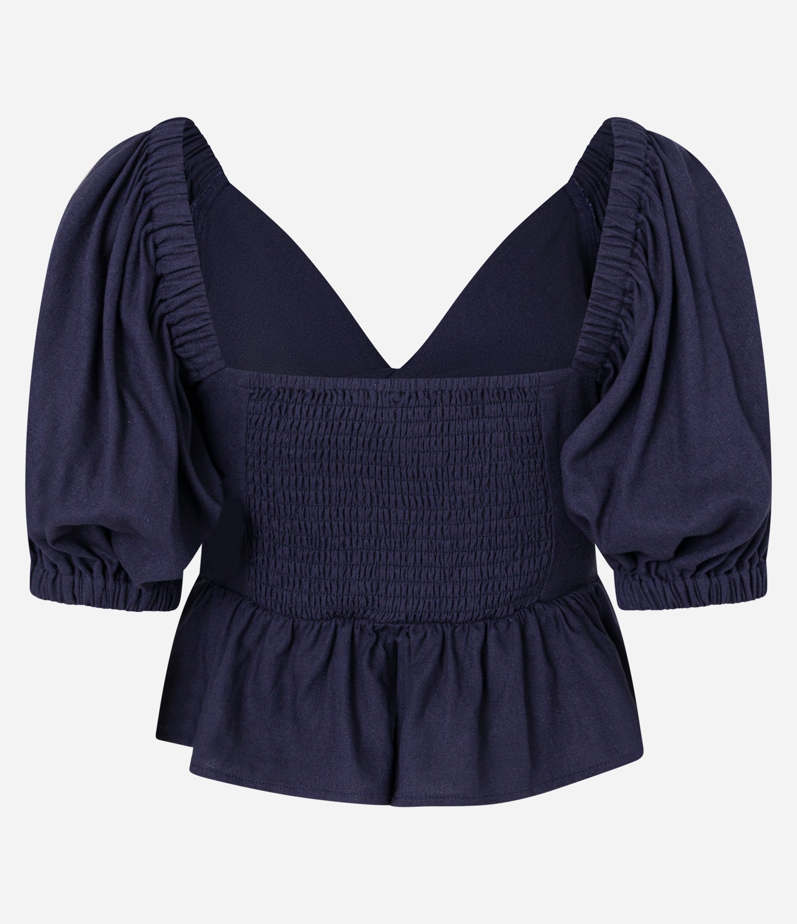 Blusa Peplum em Viscose e Linho com Manga Bufante Azul Marinho 7