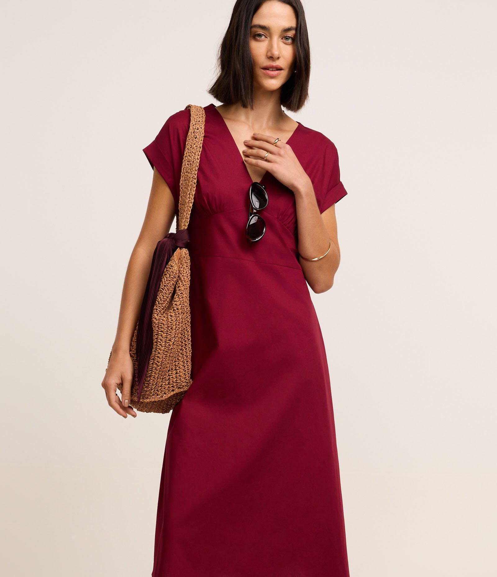 Vestido Evasê Midi em Tricoline com Manga Dobrada Vinho 1