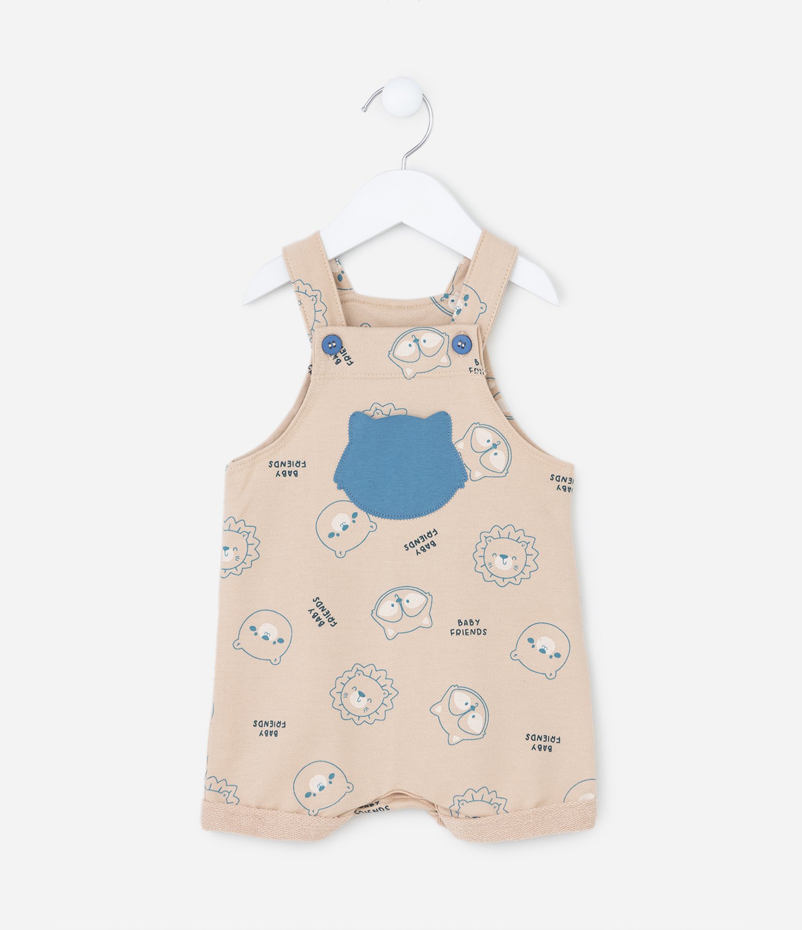 Jardineira Infantil com Bolsinho e Estampa de Bichinhos - Tam 0 a 18 meses Bege 1