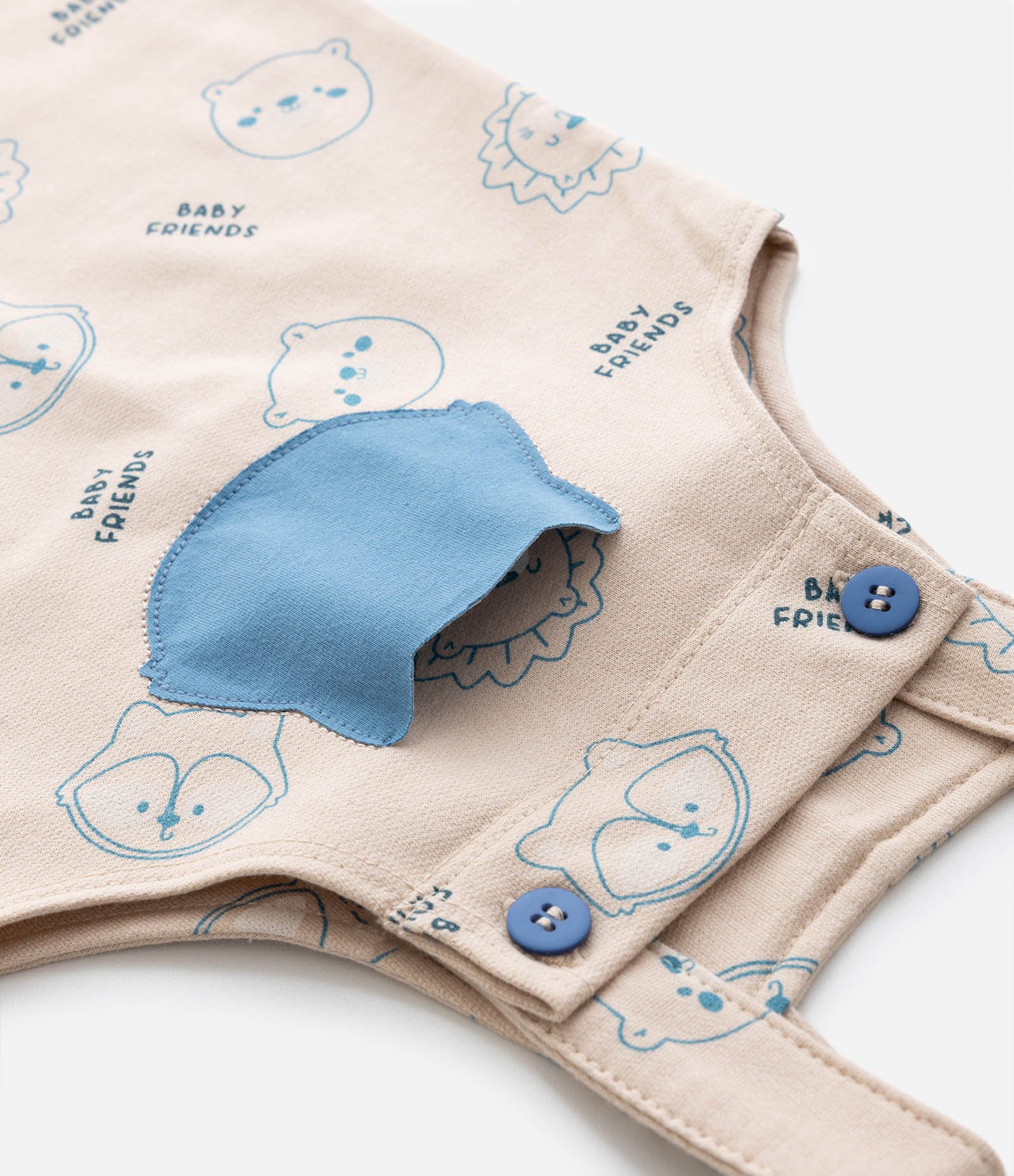 Jardineira Infantil com Bolsinho e Estampa de Bichinhos - Tam 0 a 18 meses Bege 6