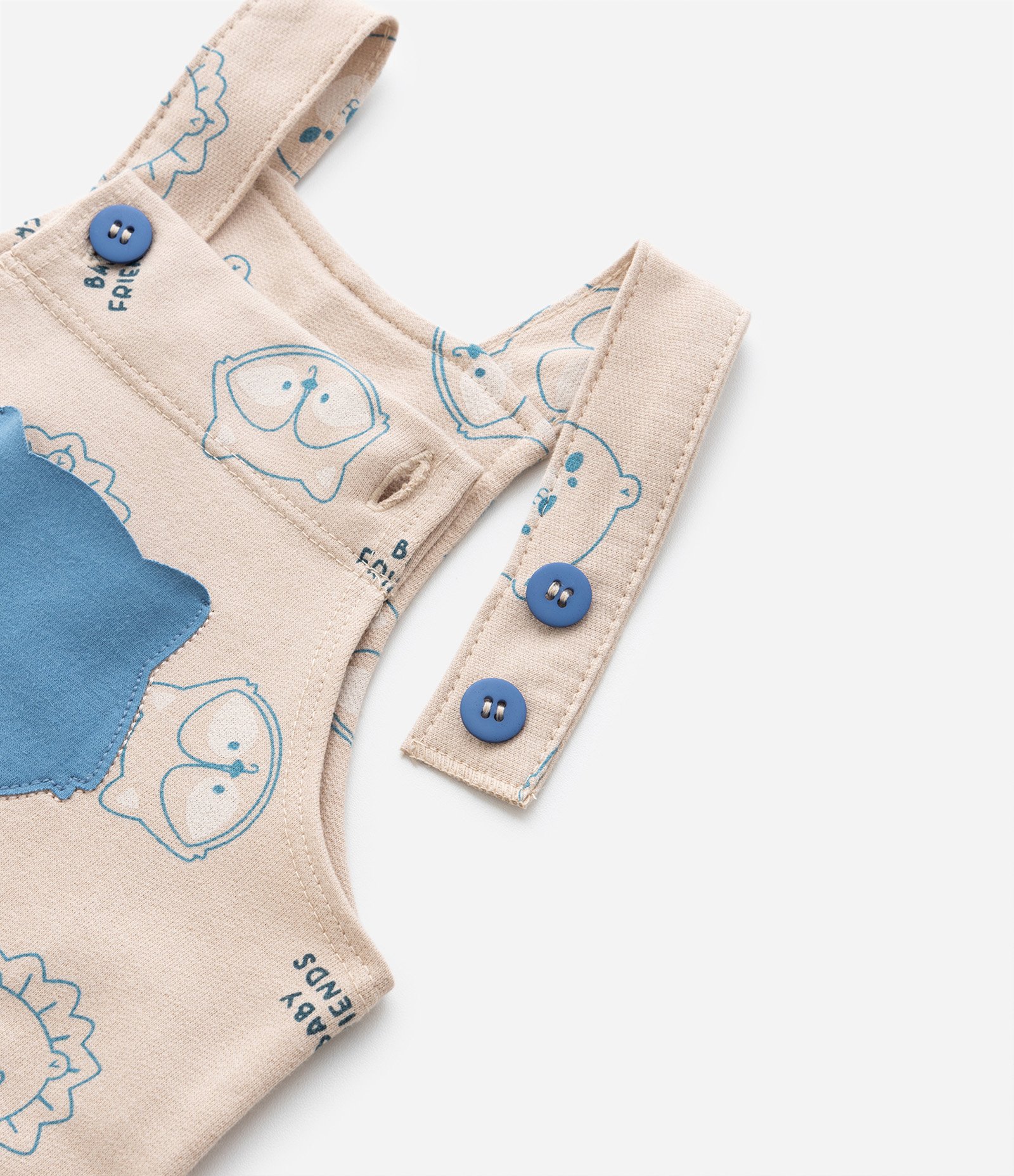 Jardineira Infantil com Bolsinho e Estampa de Bichinhos - Tam 0 a 18 meses Bege 7