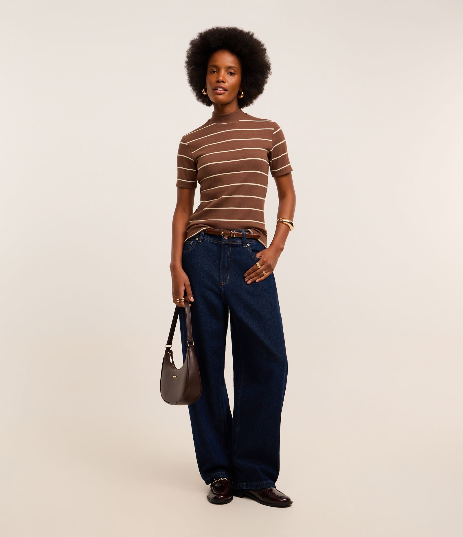 Blusa em Ribana com Golinha Média e Estampa Listrada Marrom 2