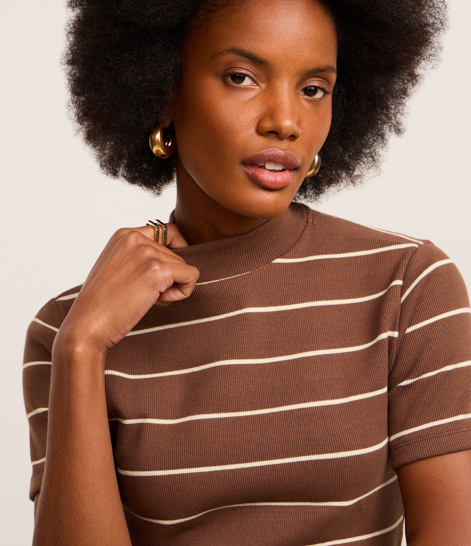 Blusa em Ribana com Golinha Média e Estampa Listrada Marrom 3