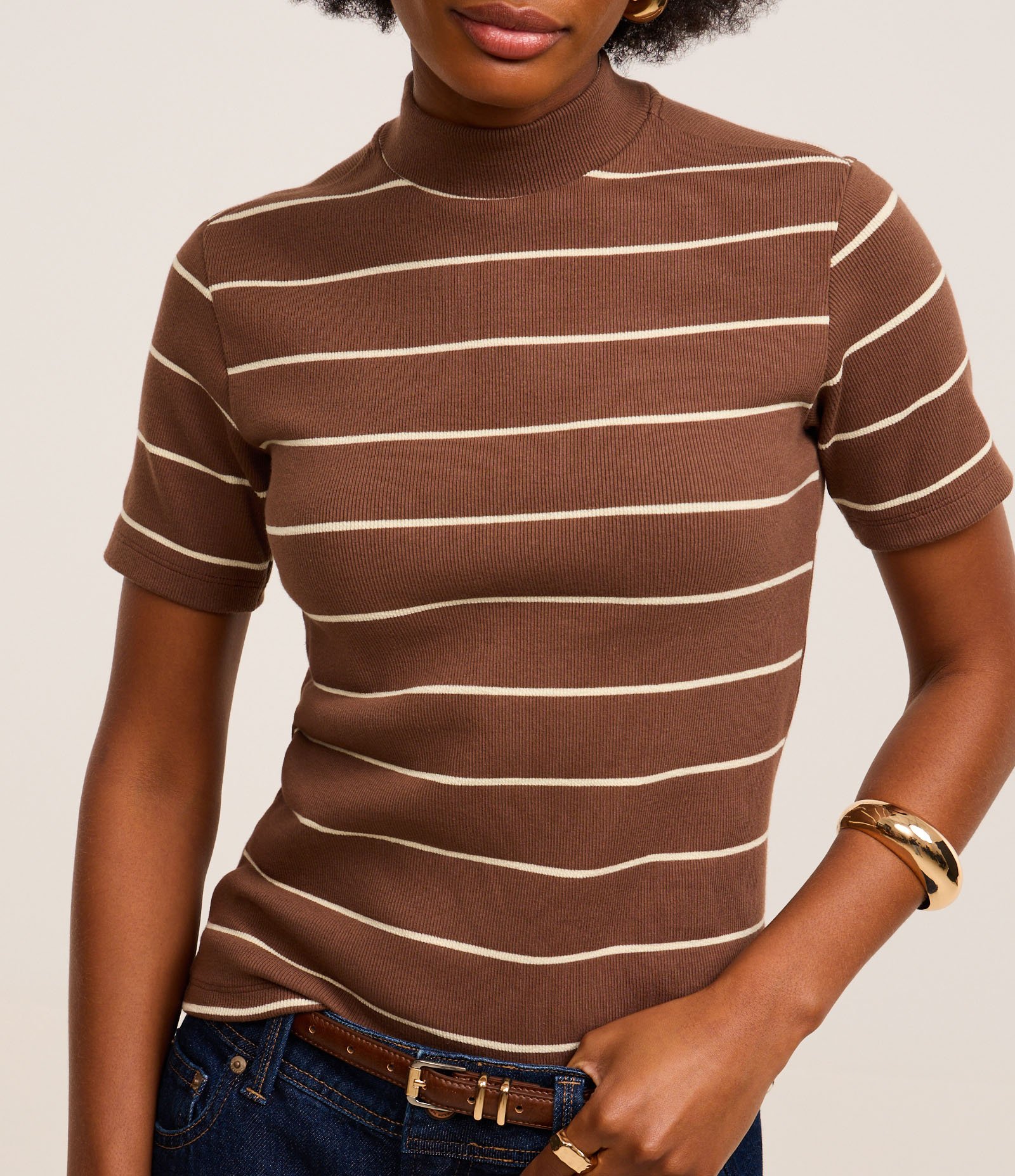 Blusa em Ribana com Golinha Média e Estampa Listrada Marrom 4