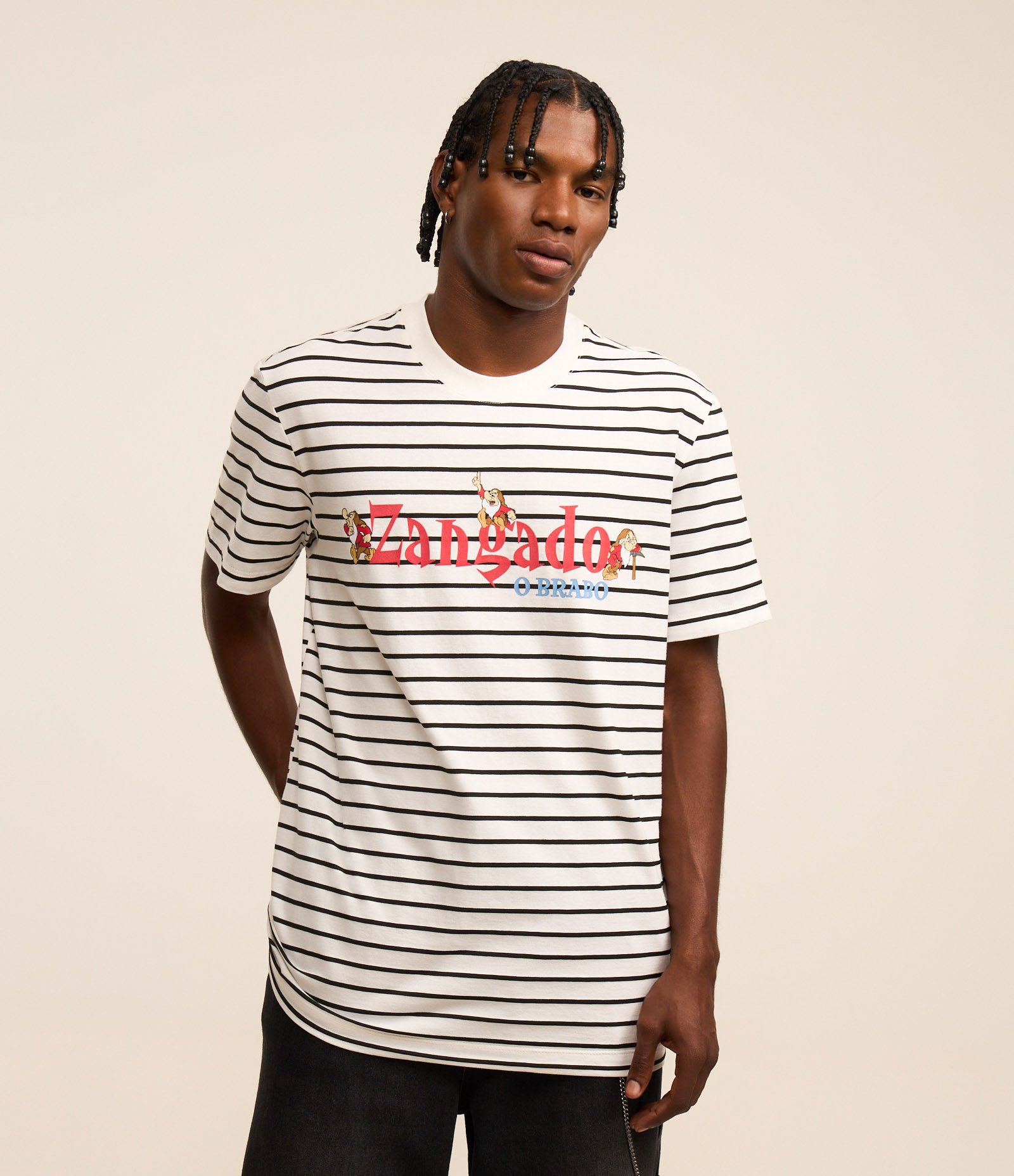 Camiseta Comfort com Fio Tinto e Estampa Listrada do Zangado Branco 1