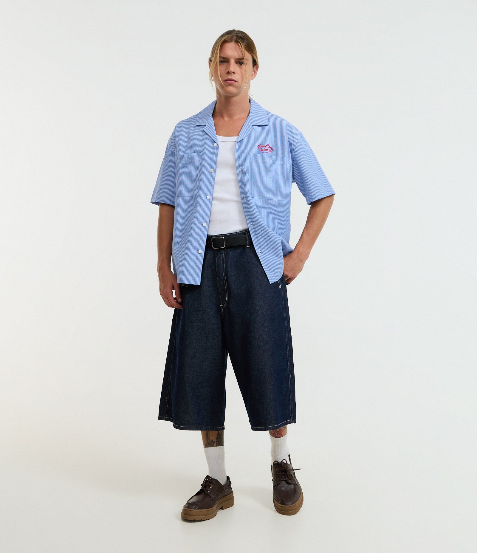 Camisa Boxy em Tricoline com Estampa Listrada e Lettering Nide Range Solutions Azul 2