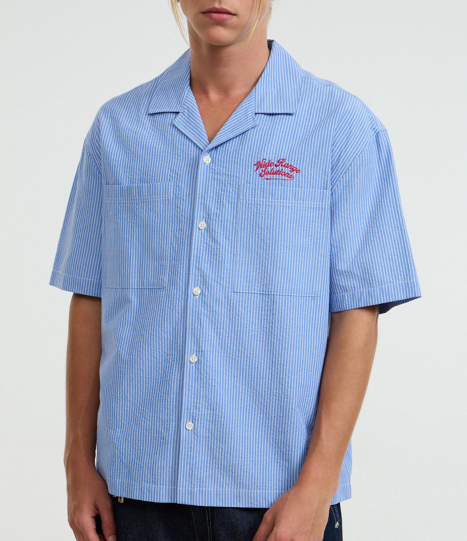 Camisa Boxy em Tricoline com Estampa Listrada e Lettering Nide Range Solutions Azul 5