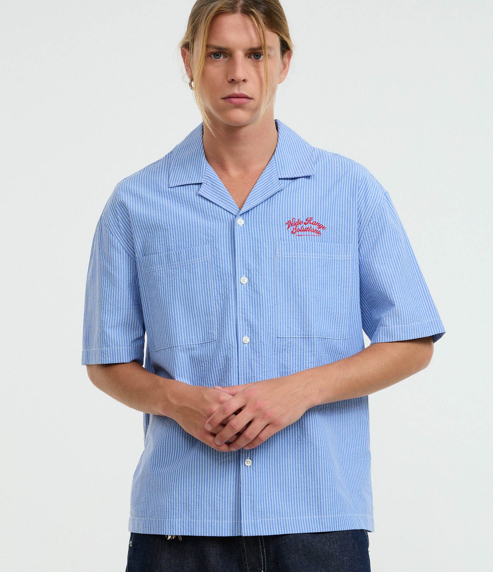 Camisa Boxy em Tricoline com Estampa Listrada e Lettering Nide Range Solutions Azul 6