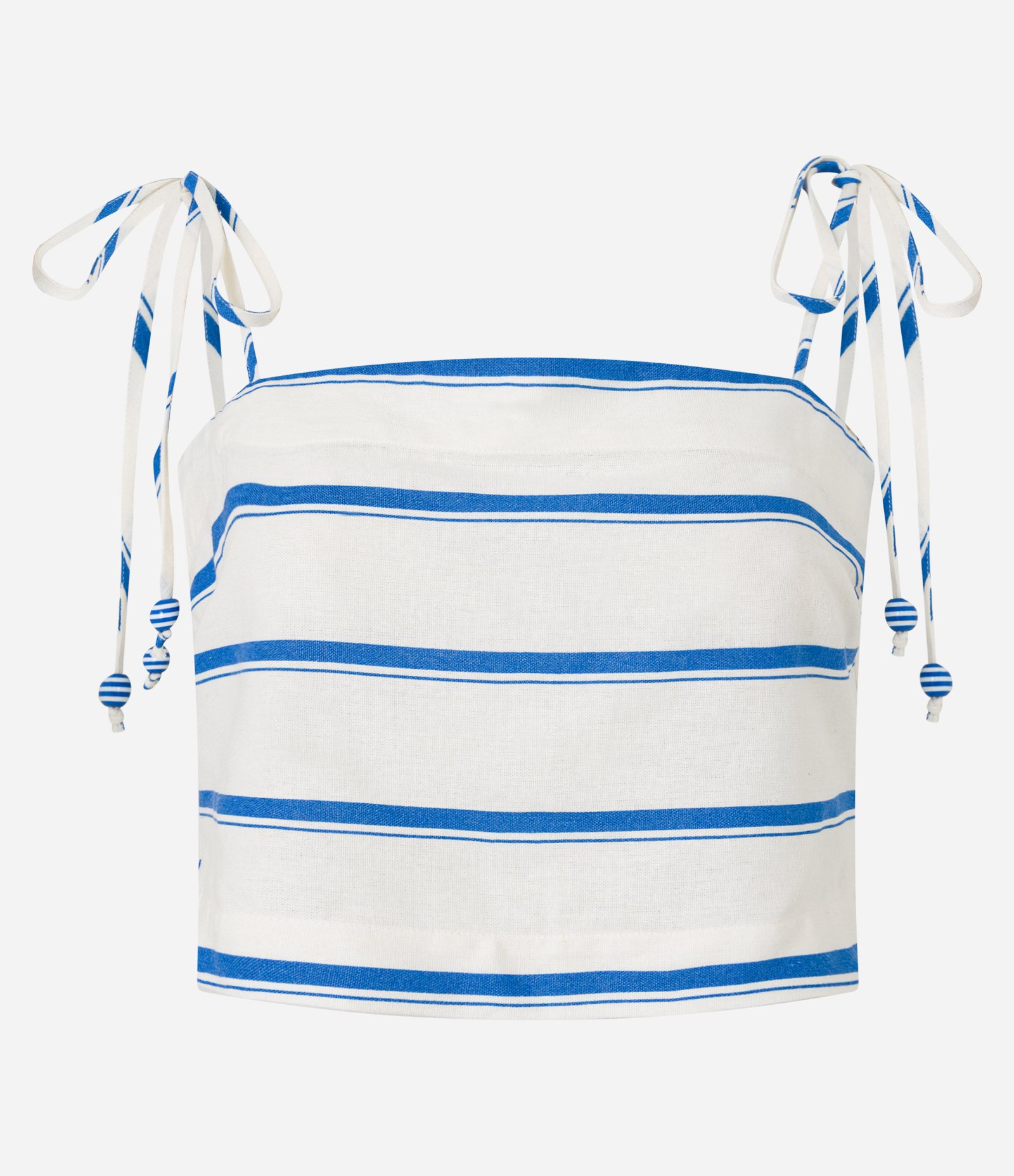 Blusa Cropped em Viscose e Linho com Amarração nas Alças Branco/Azul 6