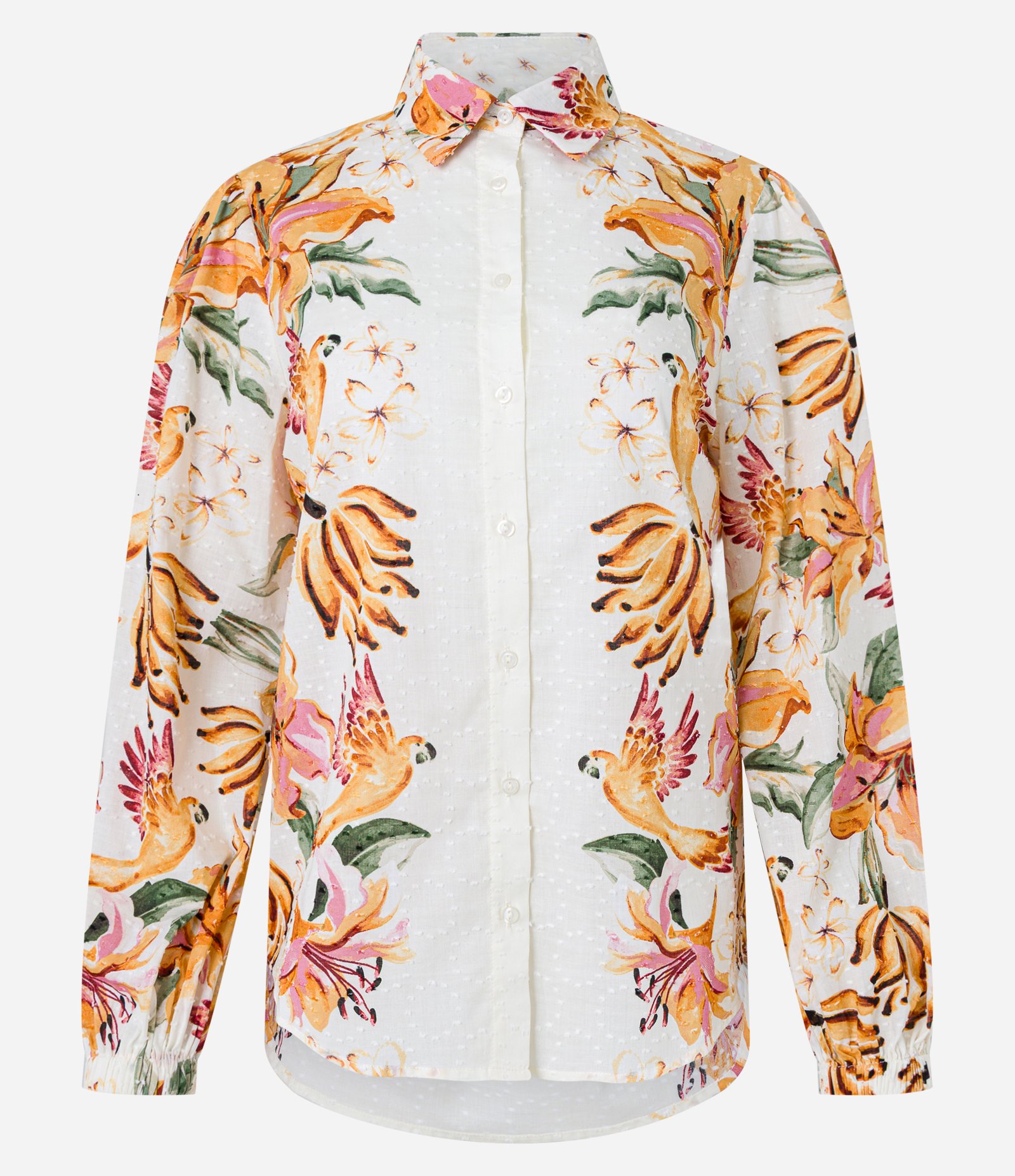 Camisa Alongada em Cambraia com Estampa Tropical Bege 6