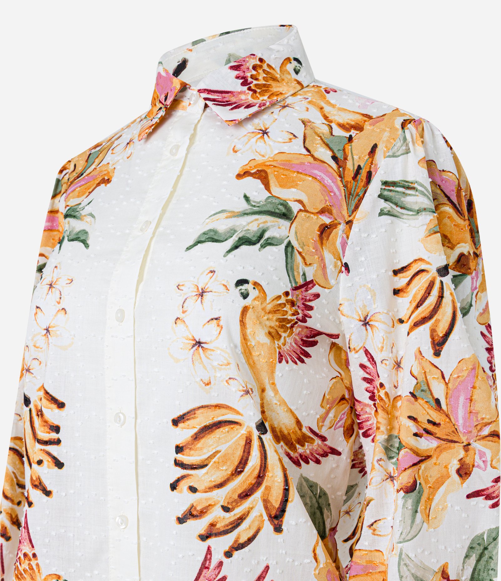 Camisa Alongada em Cambraia com Estampa Tropical Bege 7