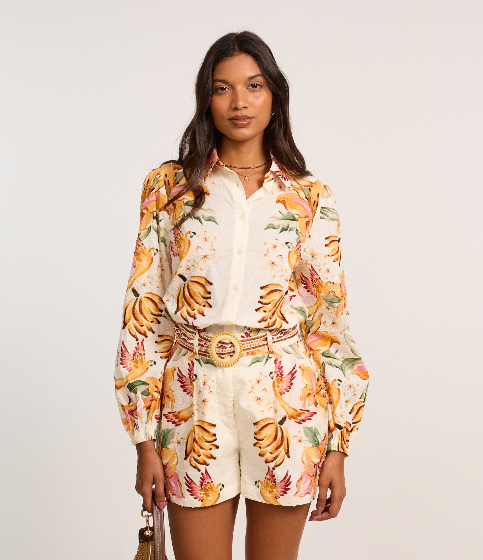 Camisa Alongada em Cambraia com Estampa Tropical Bege 1