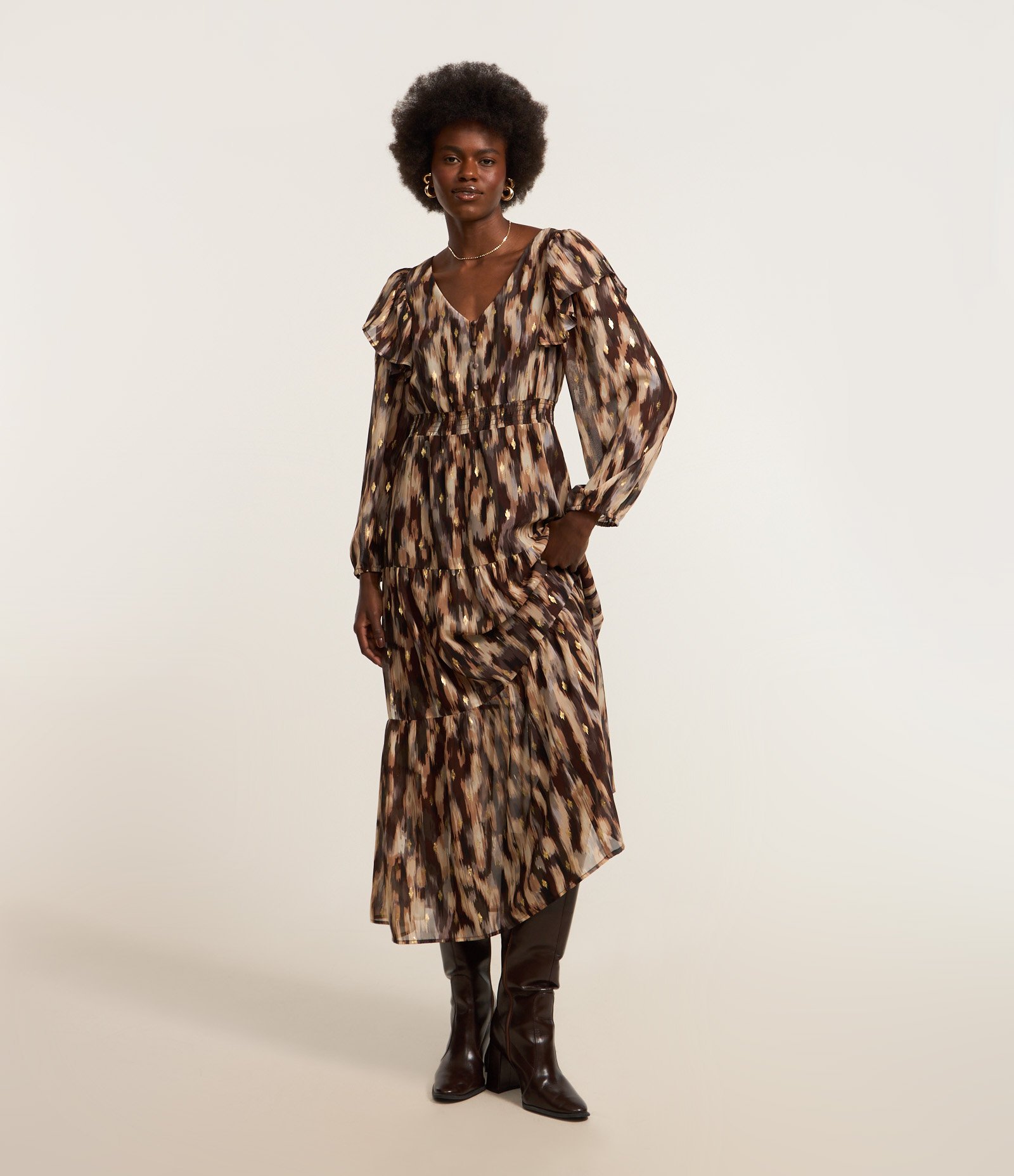 Vestido New Midi em Chiffon com Babado e Estampa Manchadinha Preto 1