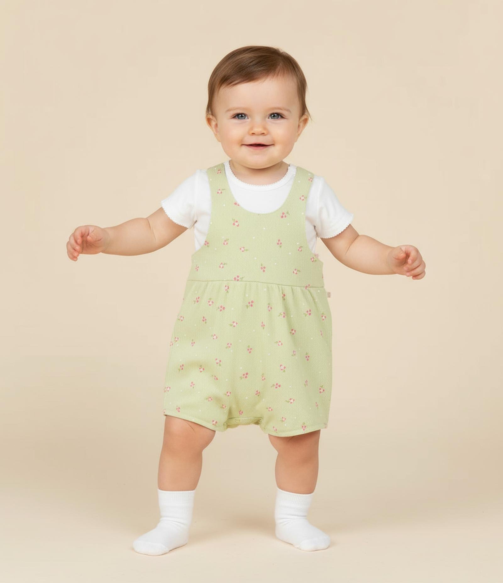 Conjunto Infantil com Estampa Floral Liberty Canelado - Tam 0 a 18 Meses Verde 1