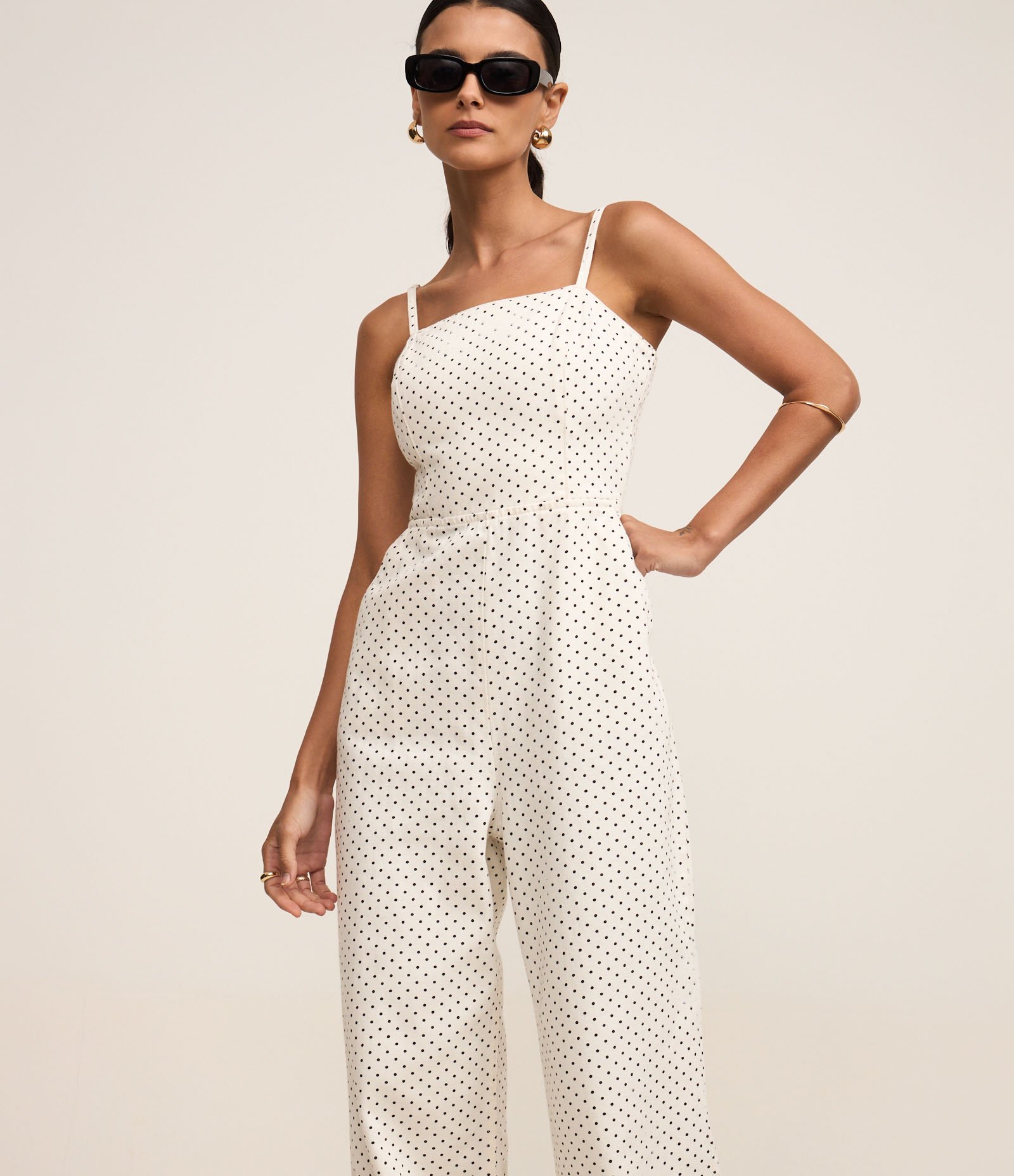 Macacão Longo em Sarja Poá com Lastex e Bolsos Branco 1