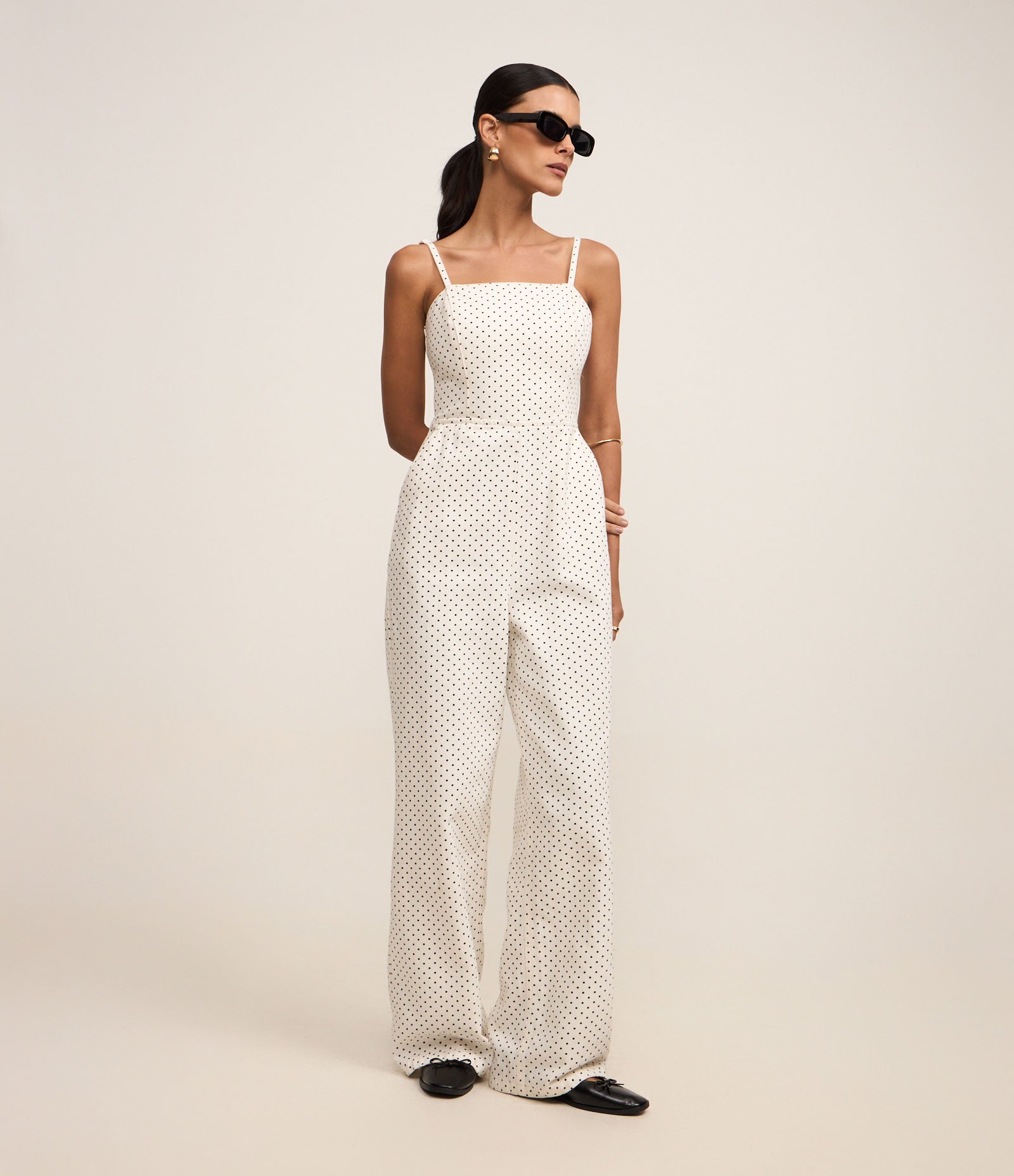 Macacão Longo em Sarja Poá com Lastex e Bolsos Branco 2