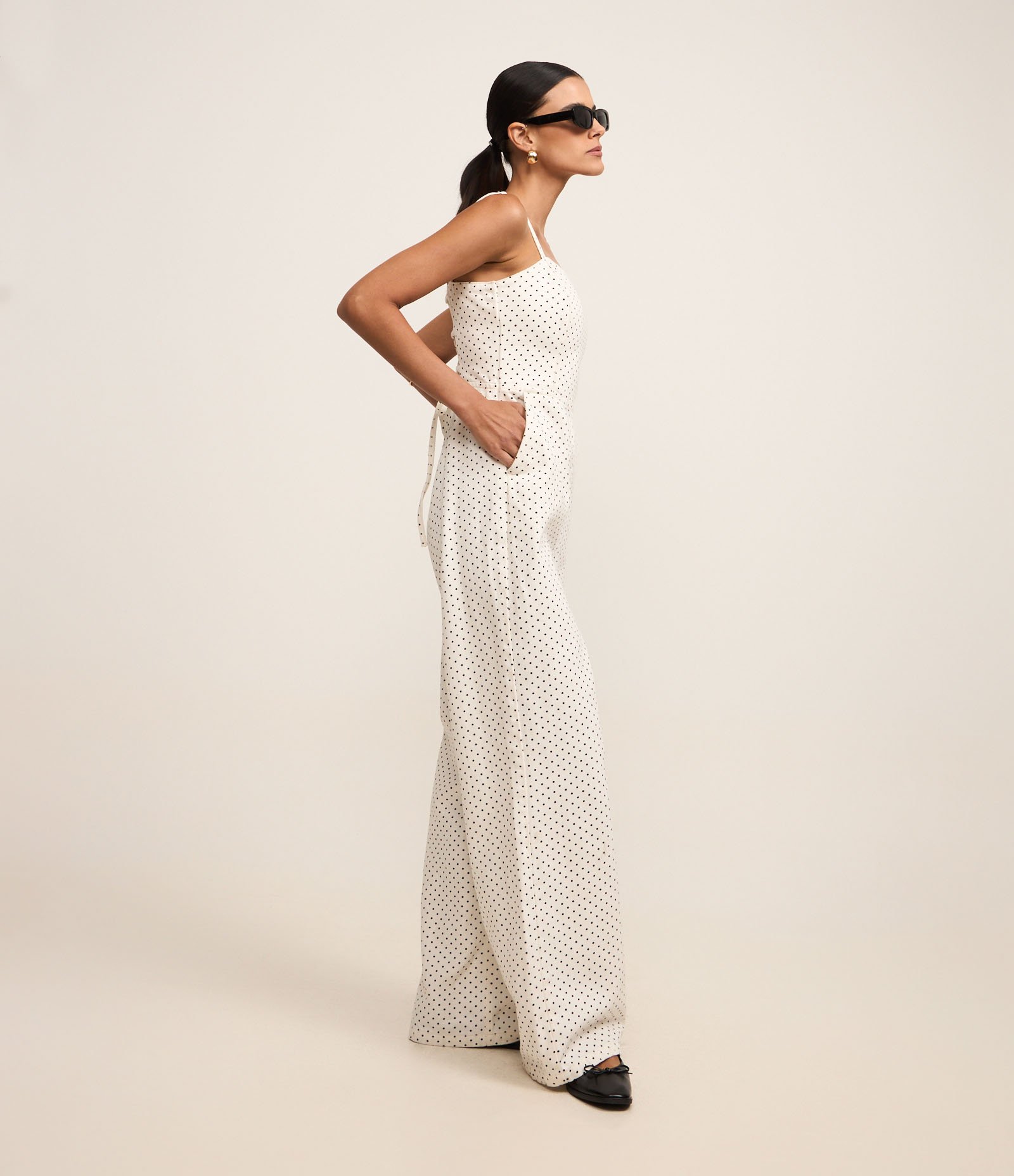 Macacão Longo em Sarja Poá com Lastex e Bolsos Branco 5