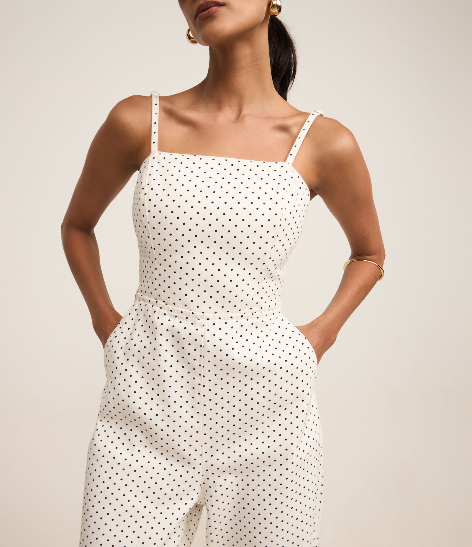 Macacão Longo em Sarja Poá com Lastex e Bolsos Branco 6