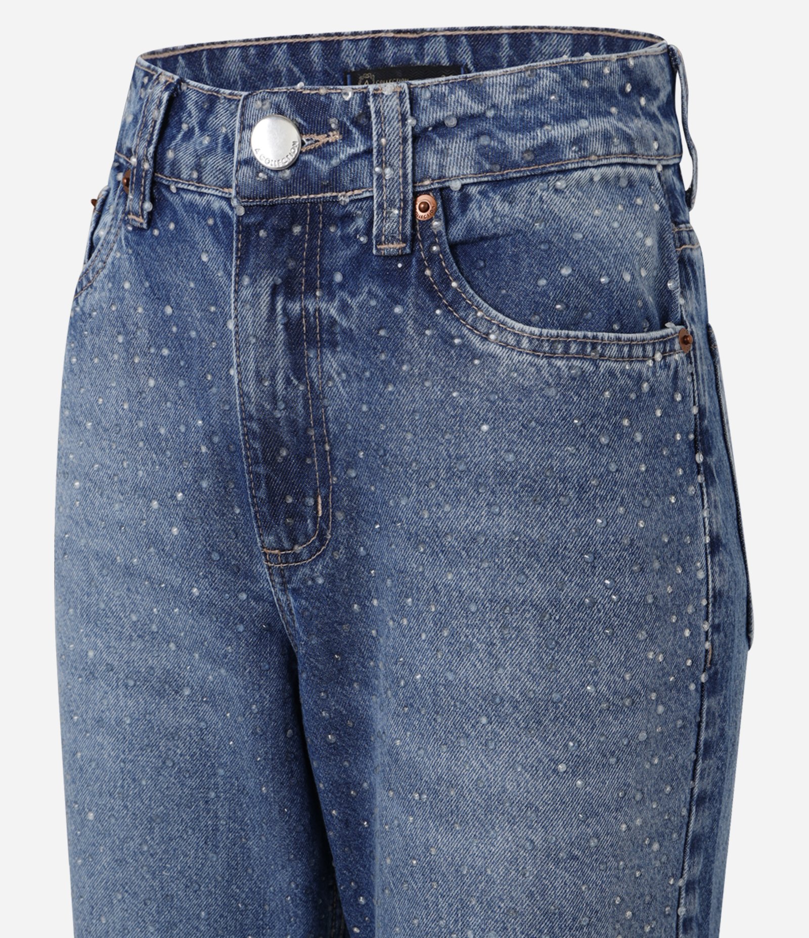 Calça Reta em Jeans com Cintura Alta e Brilhos Aplicados Azul 6