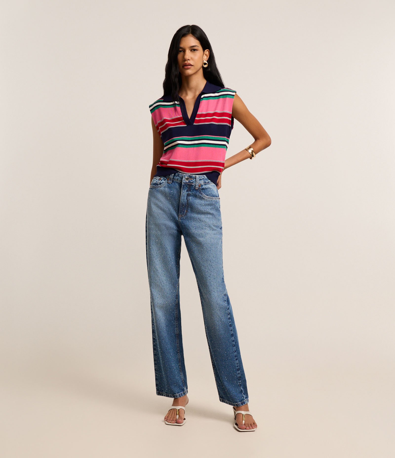 Calça Reta em Jeans com Cintura Alta e Brilhos Aplicados Azul 1