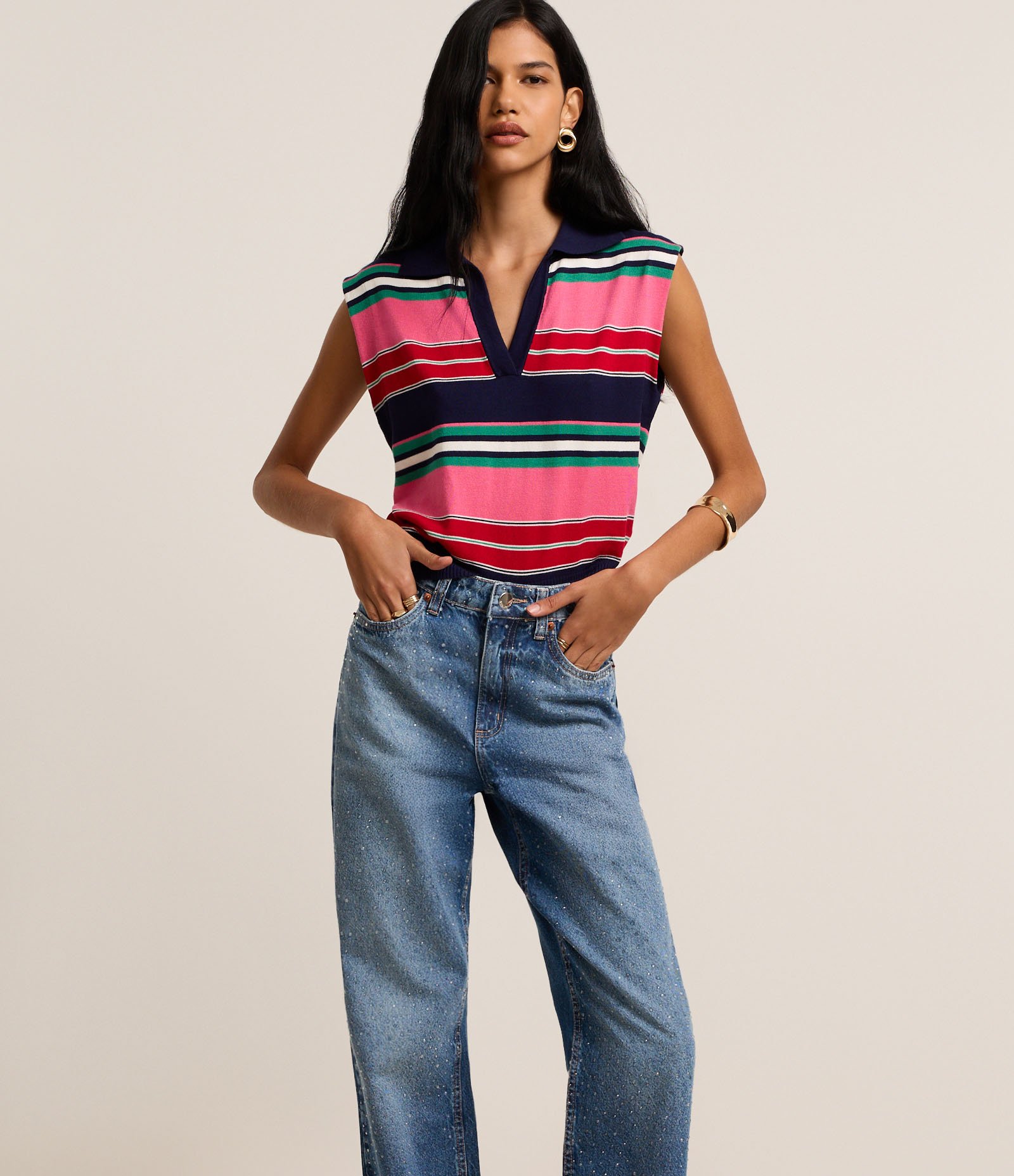 Calça Reta em Jeans com Cintura Alta e Brilhos Aplicados Azul 2