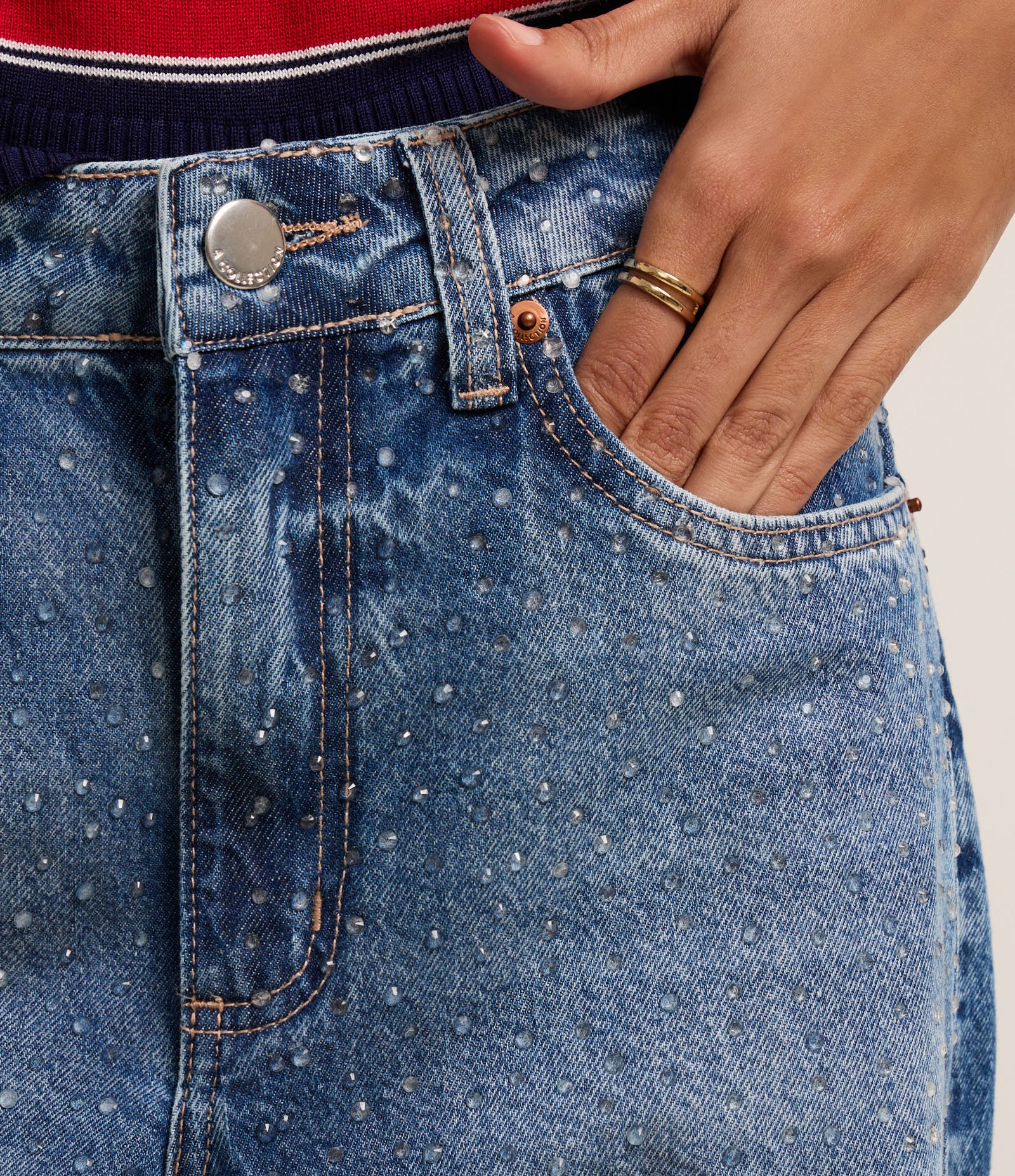 Calça Reta em Jeans com Cintura Alta e Brilhos Aplicados Azul 4