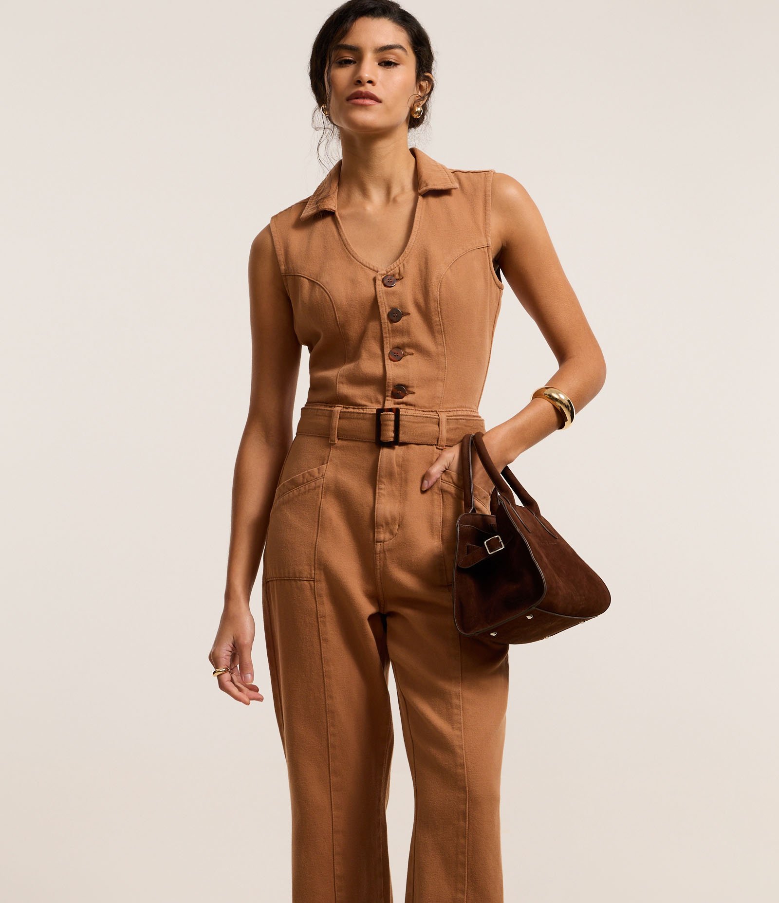 Macacão Longo em Sarja com Cinto Fivela Bege 1