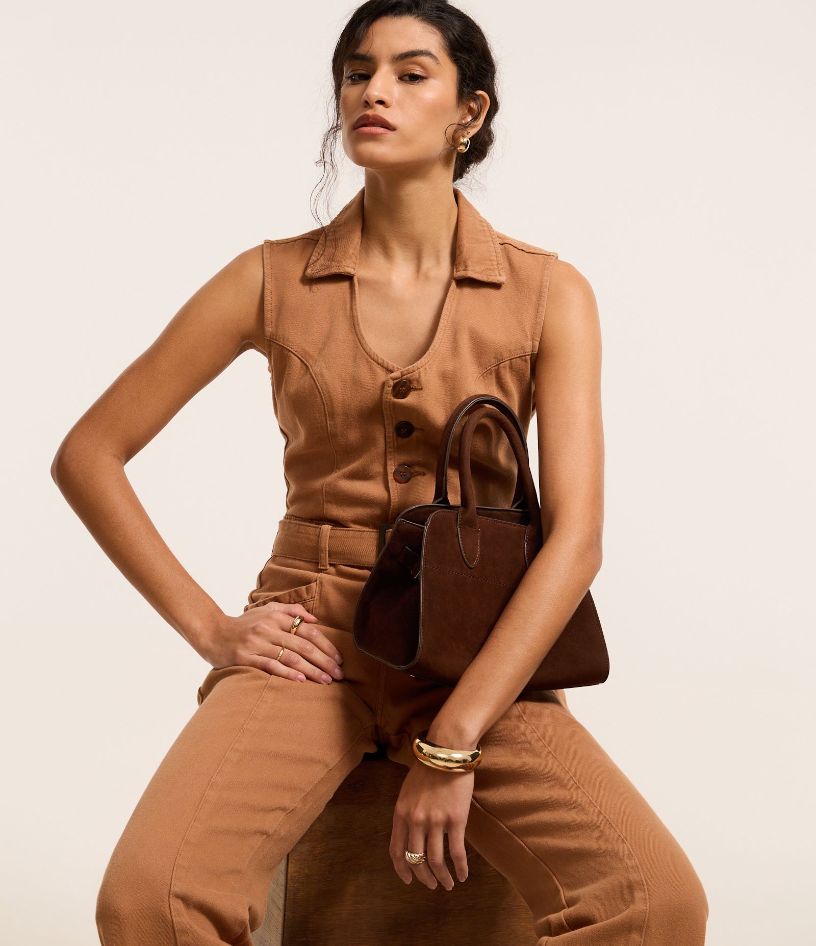 Macacão Longo em Sarja com Cinto Fivela Bege 6