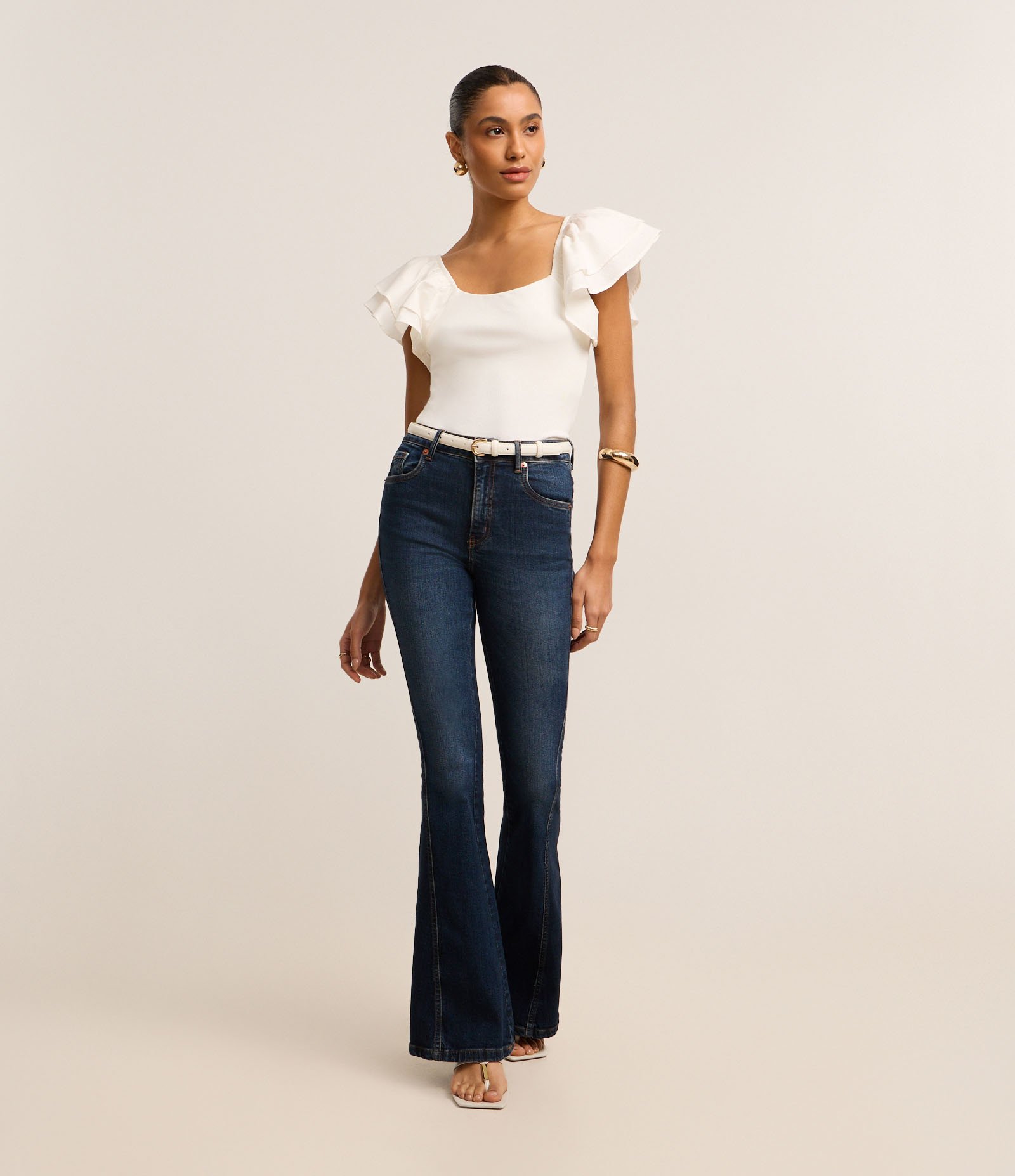 Calça Flare em Jeans com Lateral Transpassada Azul 1