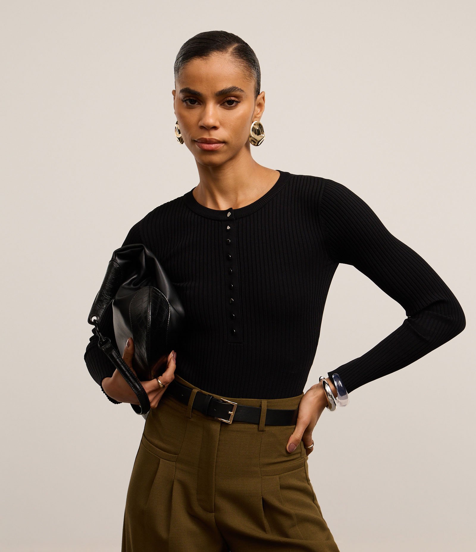 Body em Tricô Texturizado e Botões Frontais Preto 1