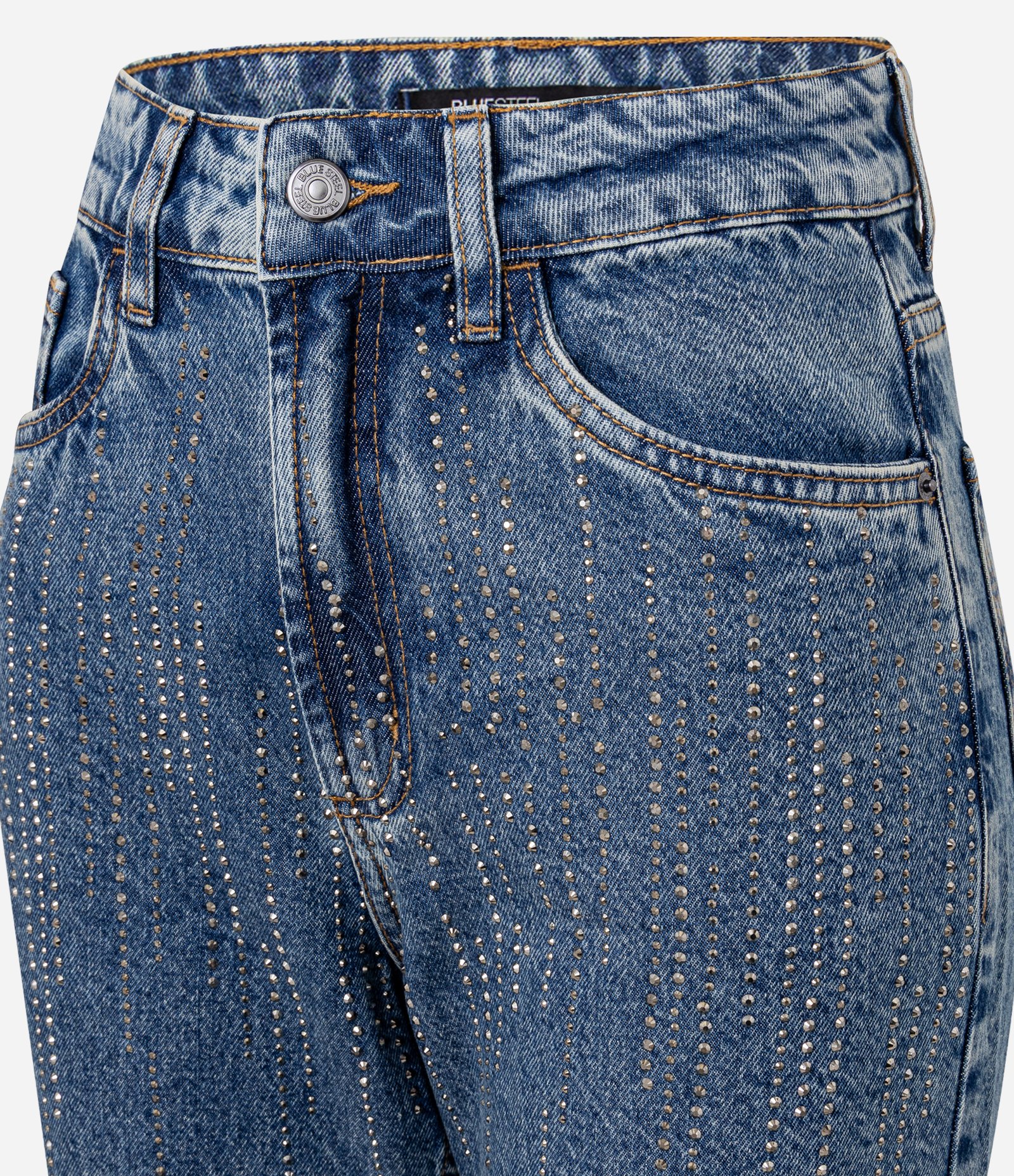 Calça Mom Comfort em Jeans com Brilhos de Strass Azul 6