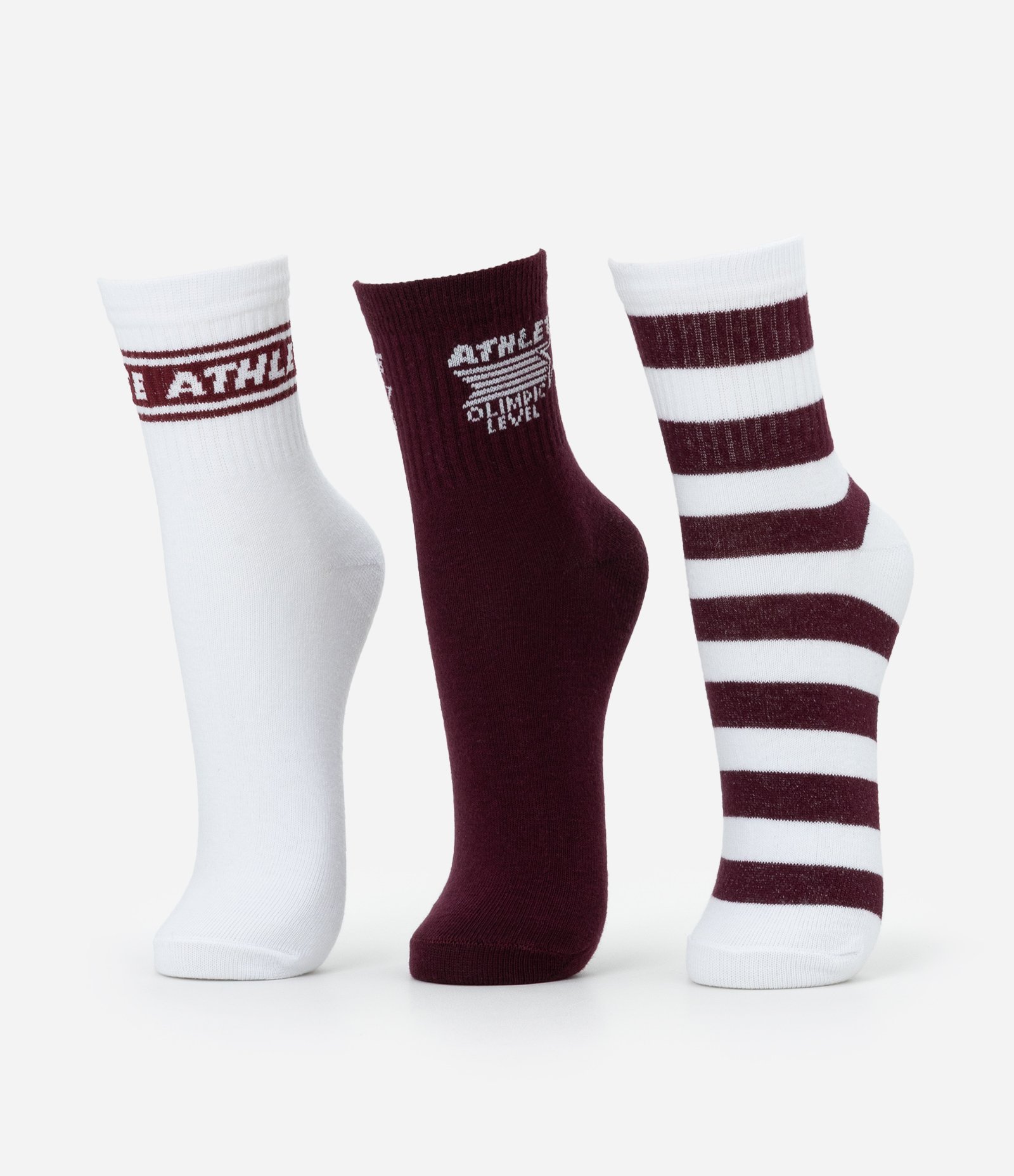Kit 03 Meias Cano Médio Esportivas em Algodão com Lettering Athlete Branco/Vinho 1