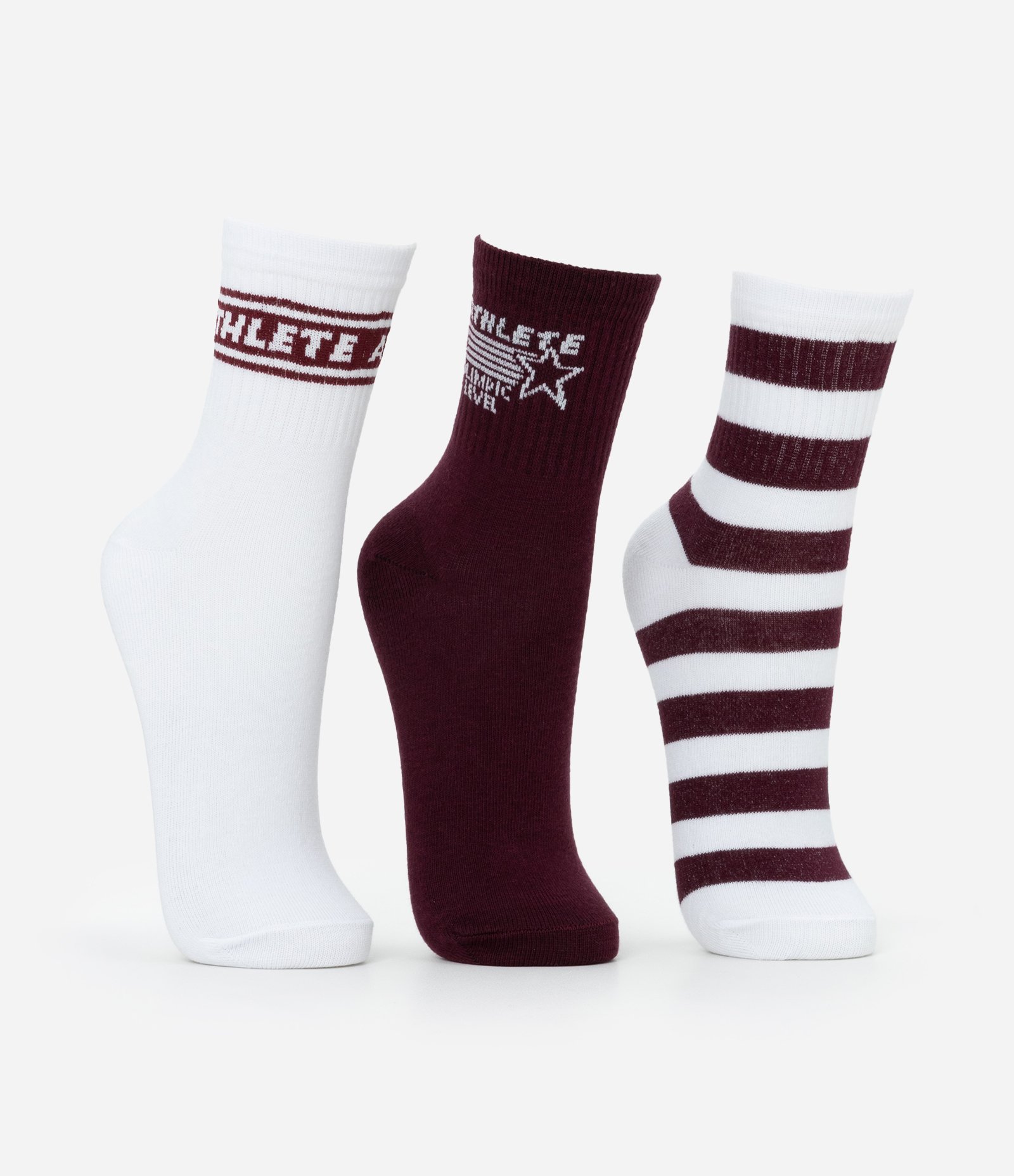 Kit 03 Meias Cano Médio Esportivas em Algodão com Lettering Athlete Branco/Vinho 2