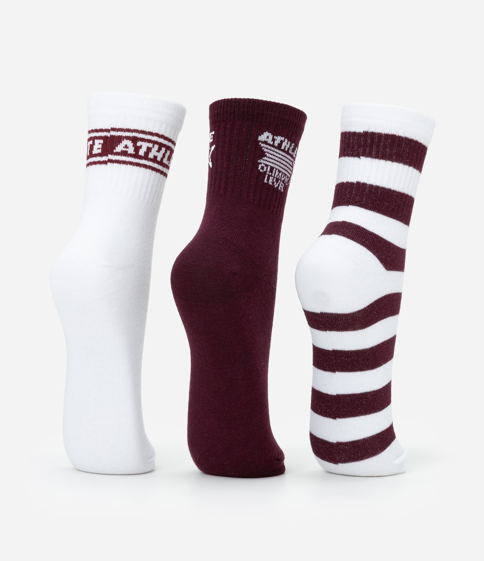 Kit 03 Meias Cano Médio Esportivas em Algodão com Lettering Athlete Branco/Vinho 3