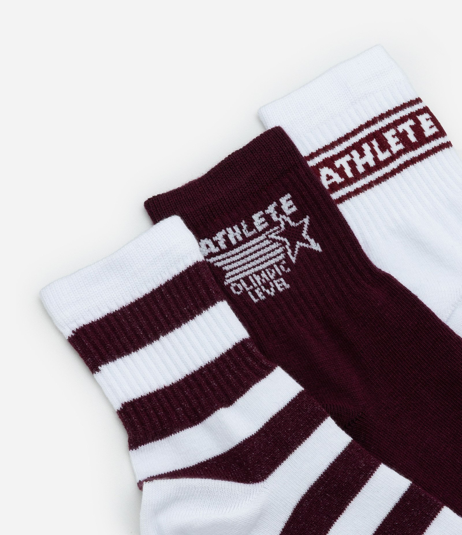 Kit 03 Meias Cano Médio Esportivas em Algodão com Lettering Athlete Branco/Vinho 4