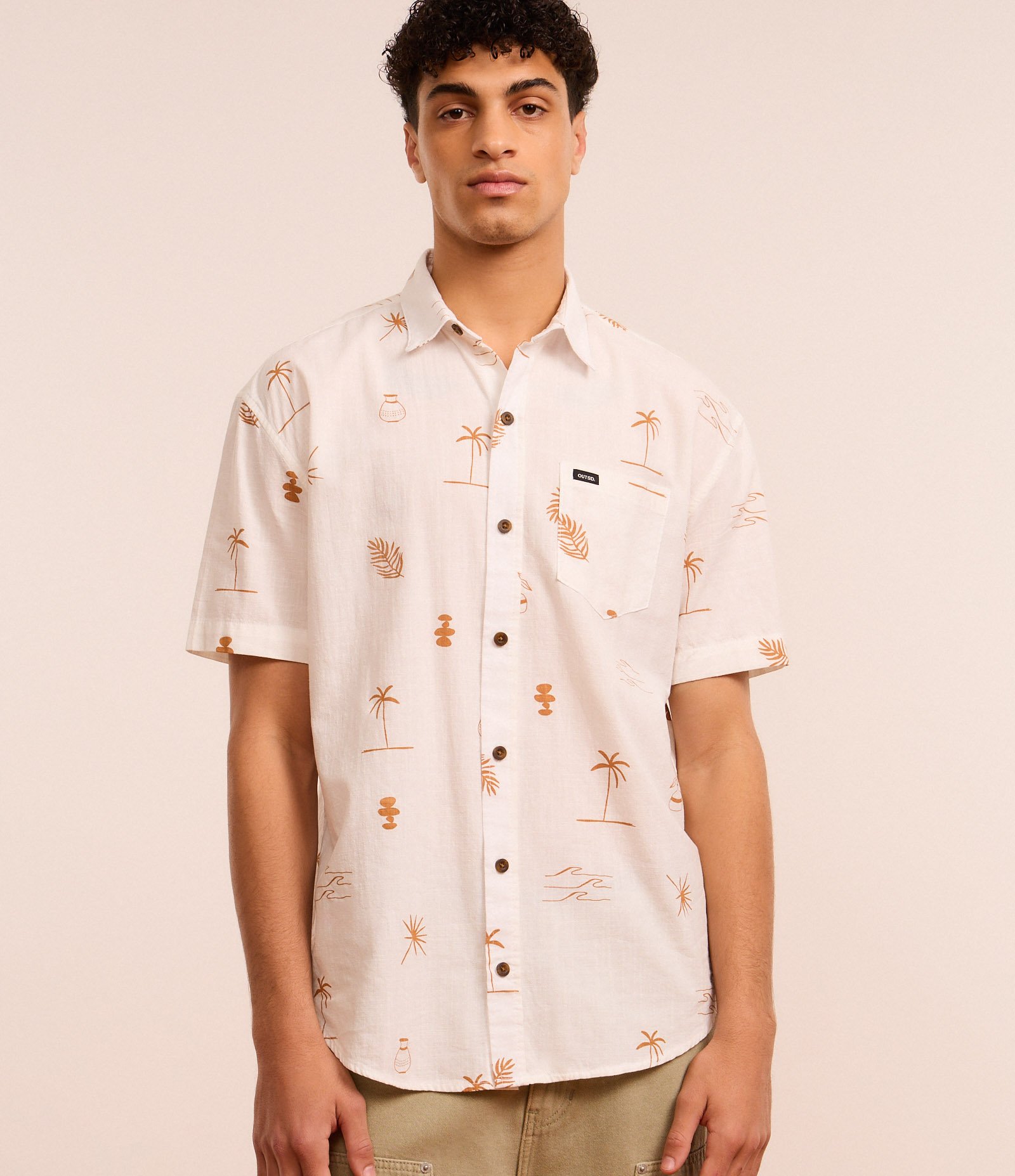 Camisa Relaxed em Tricoline com Estampa de Mini Ícones Tropicais Off White 1