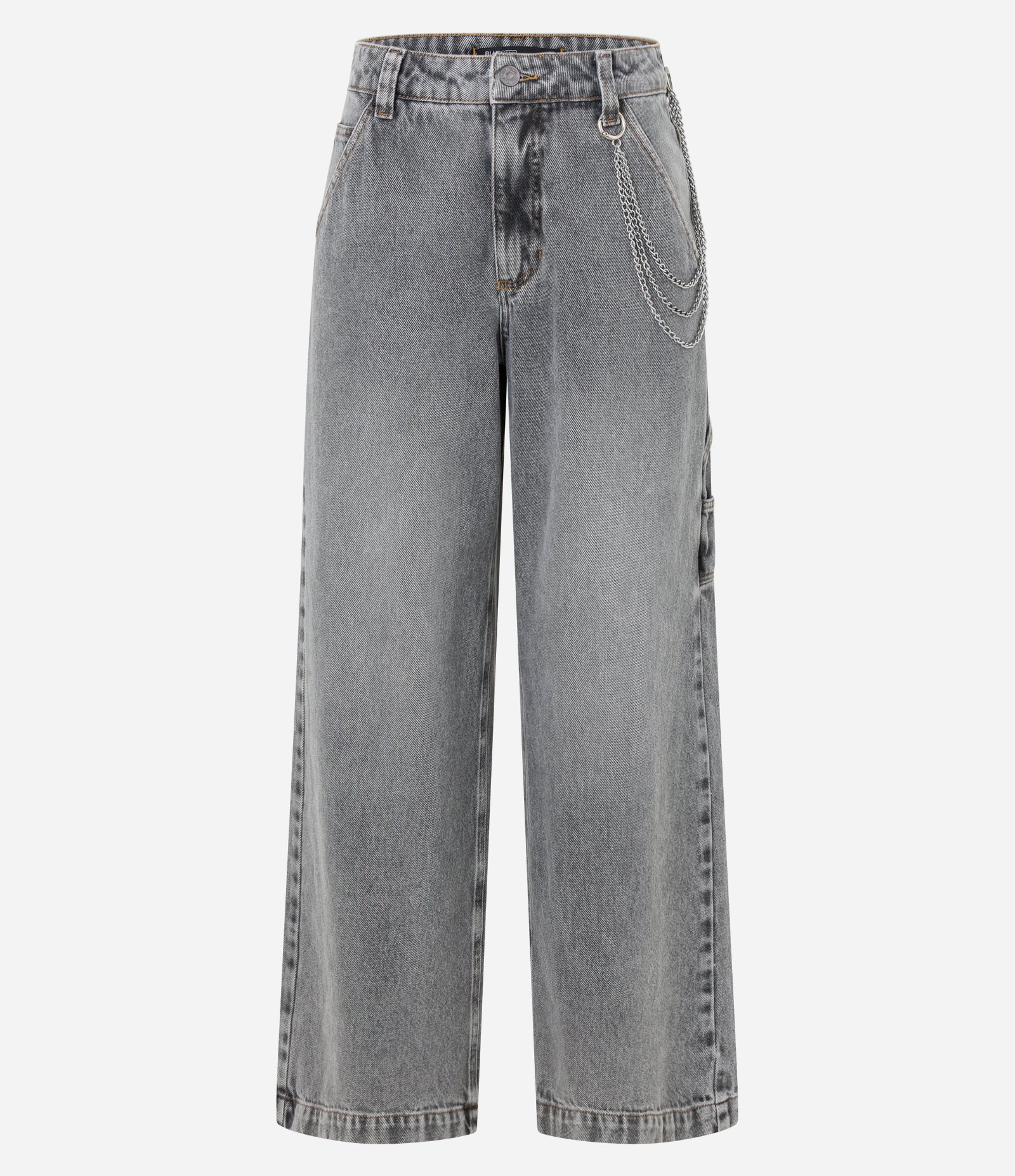 Calça Skater Jeans com Correntes na Lateral Cinza 1