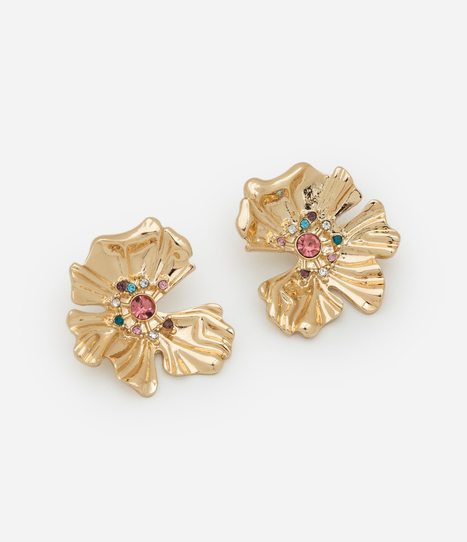 Brinco Botão com Forma de Flor e Strass no Miolo Dourado 1