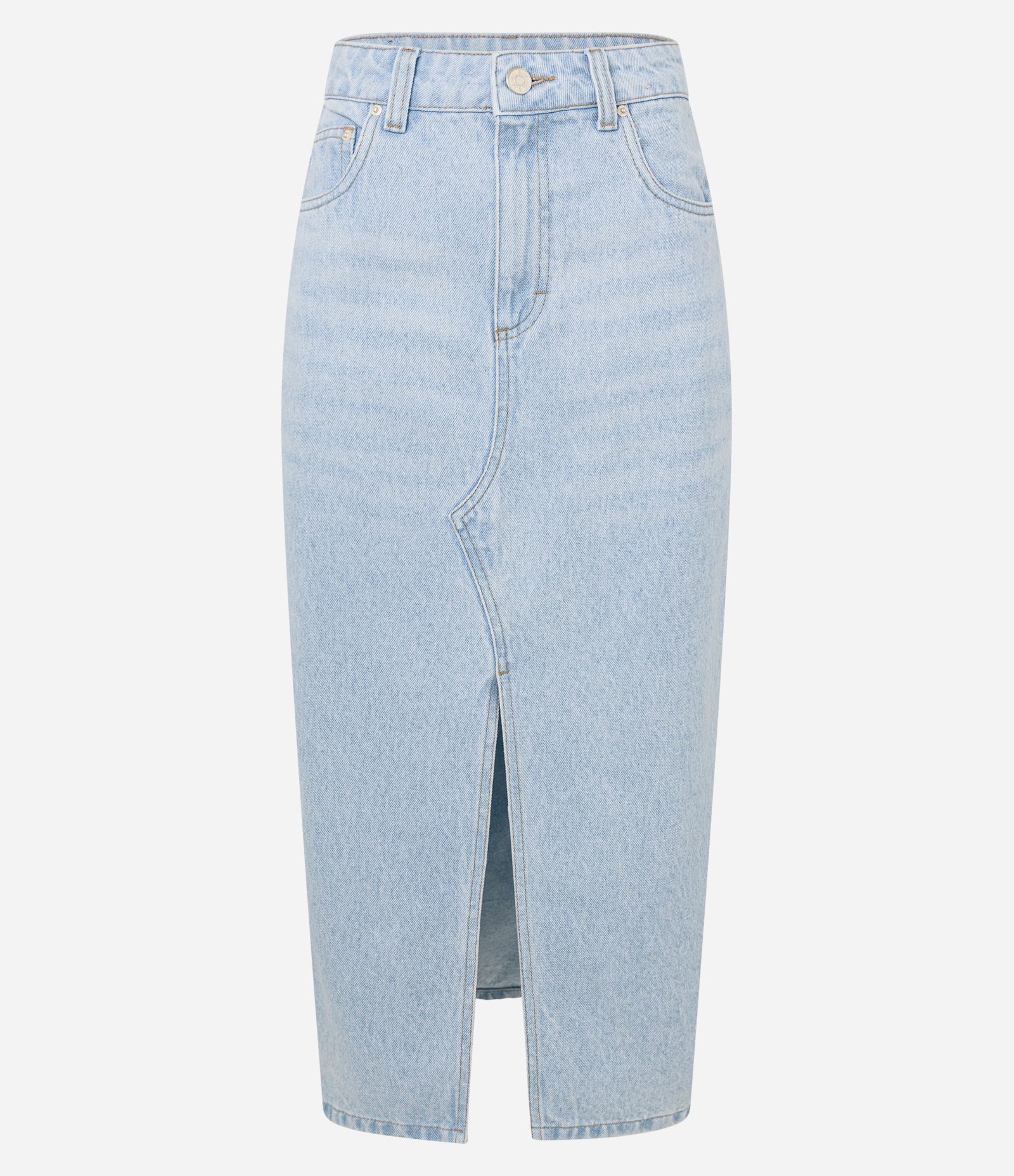 Saia Midi em Jeans com Recorte Assimétrico e Fenda Azul Claro 1