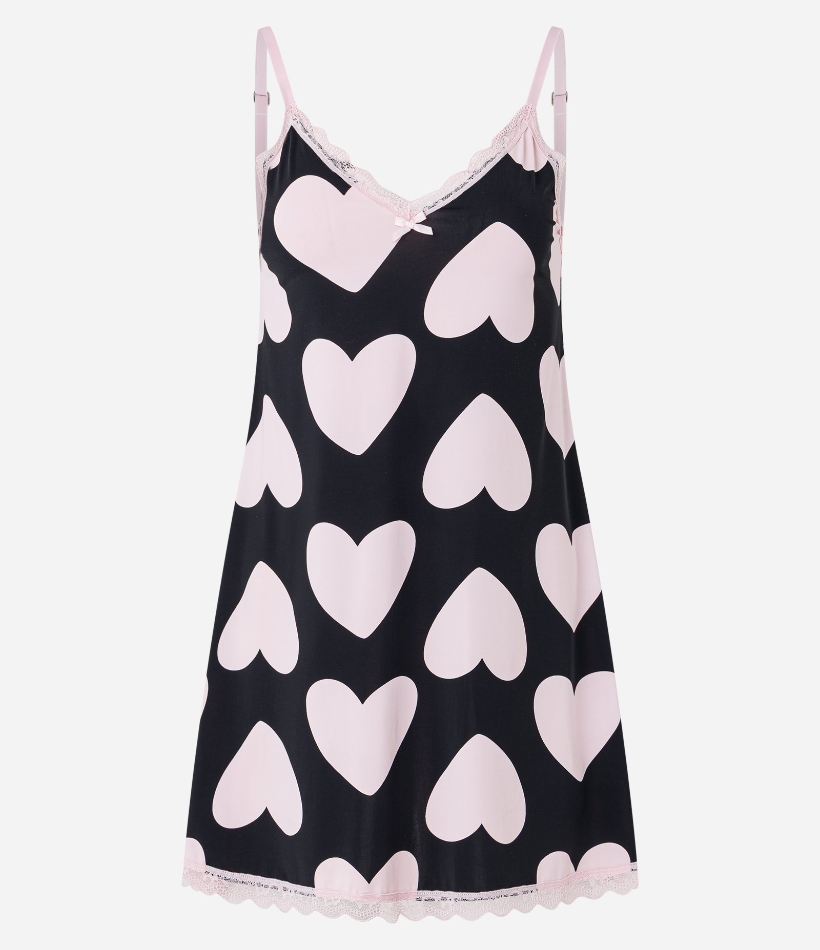 Camisola de Alça Fina Ajustável em Microfibra com Estampa de Coração e Renda Preto/Rosa 4